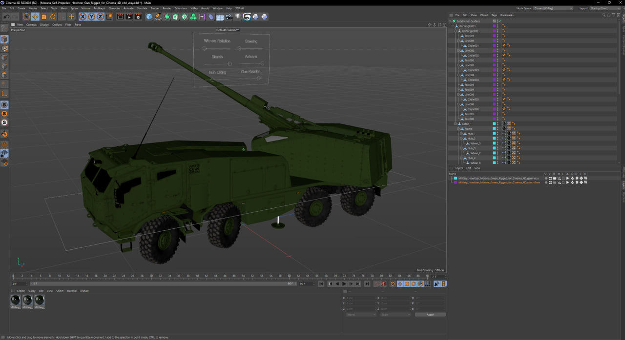 3D Military Howitzer Morana Green Rigged for Cinema 4D