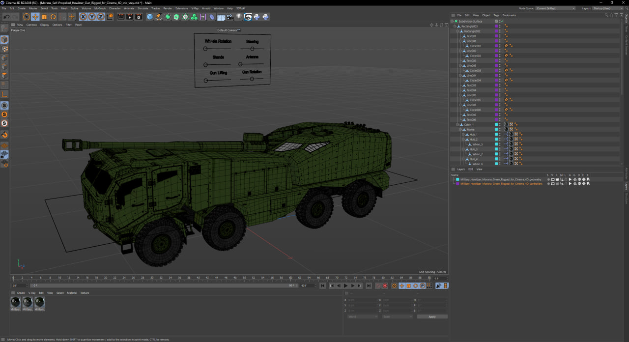 3D Military Howitzer Morana Green Rigged for Cinema 4D