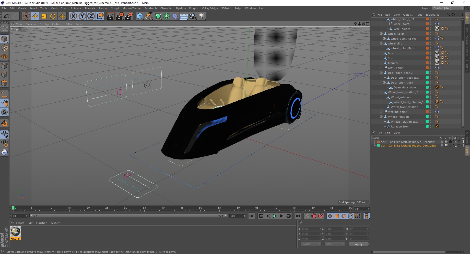 3D Sci-fi Car Trike Metallic Rigged for Cinema 4D