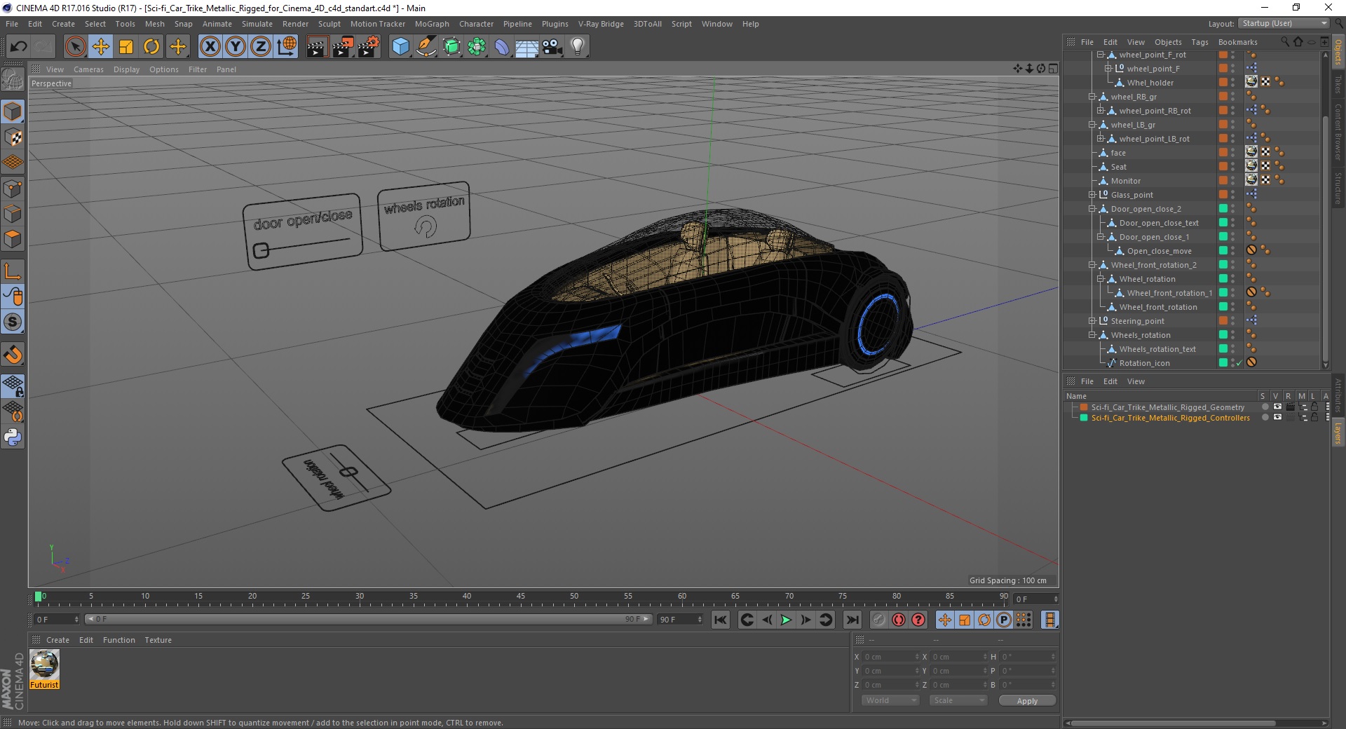 3D Sci-fi Car Trike Metallic Rigged for Cinema 4D