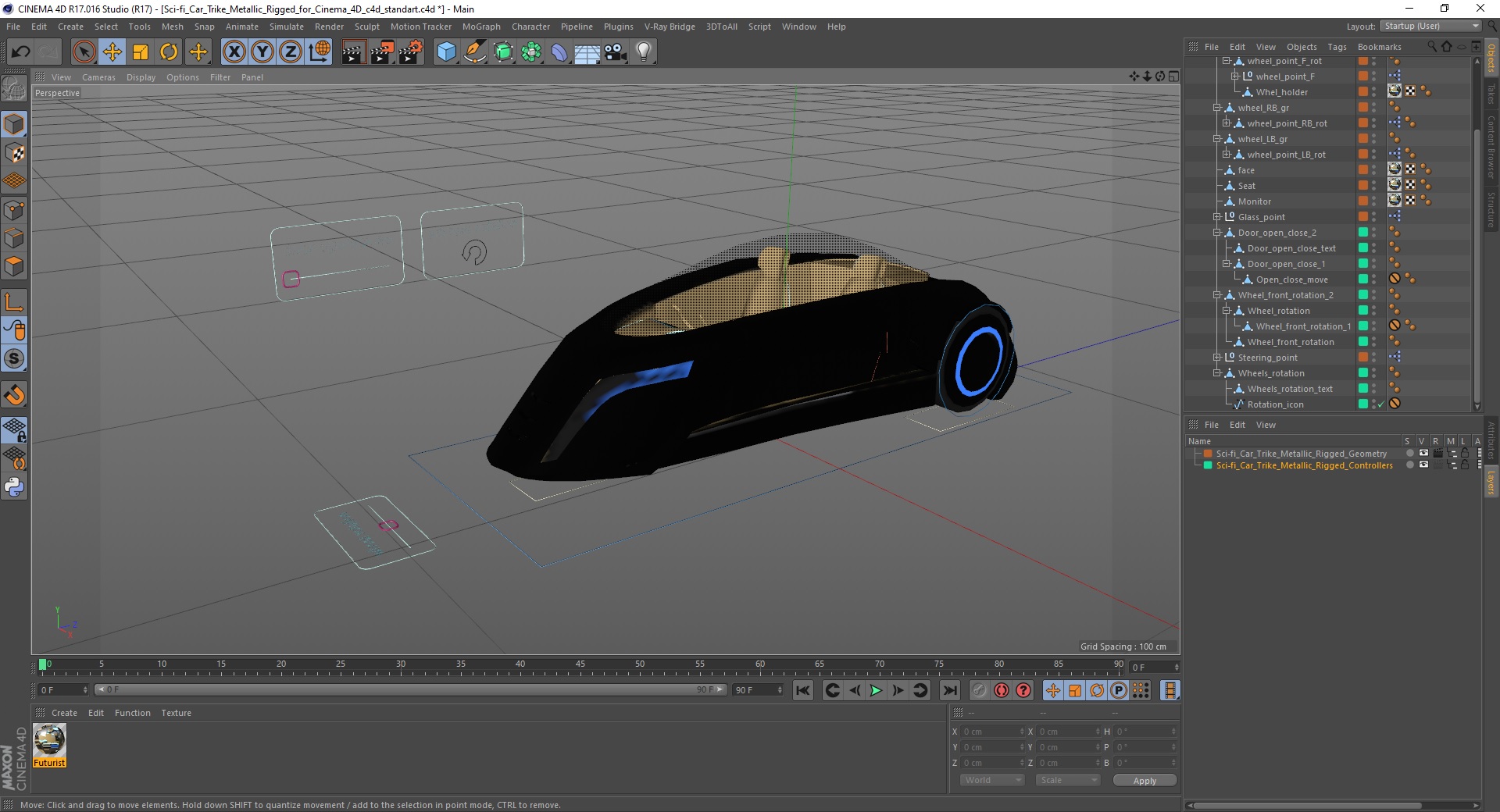 3D Sci-fi Car Trike Metallic Rigged for Cinema 4D