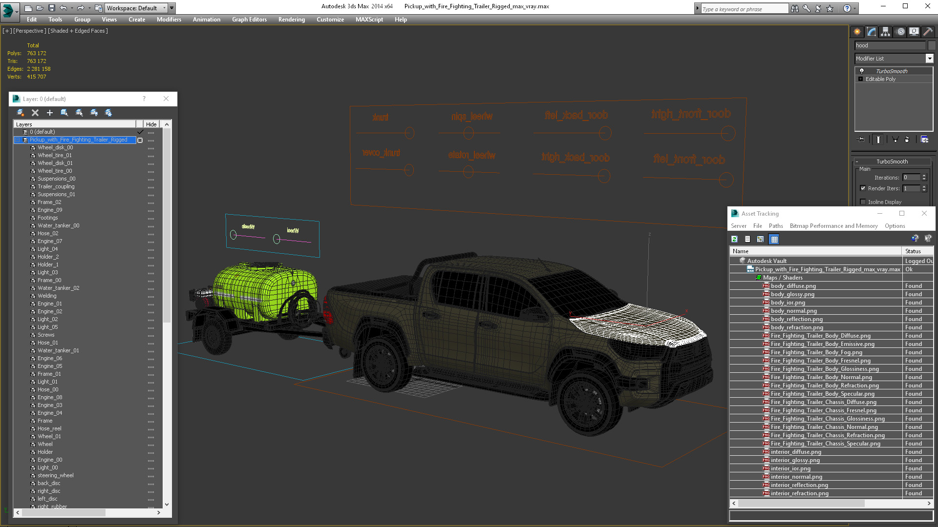 3D model Pickup with Fire Fighting Trailer Rigged