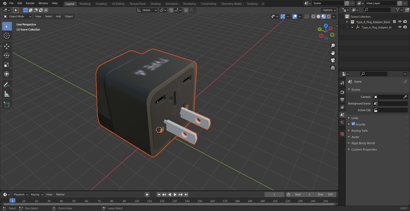 3D model Type A Plug Adapter Black