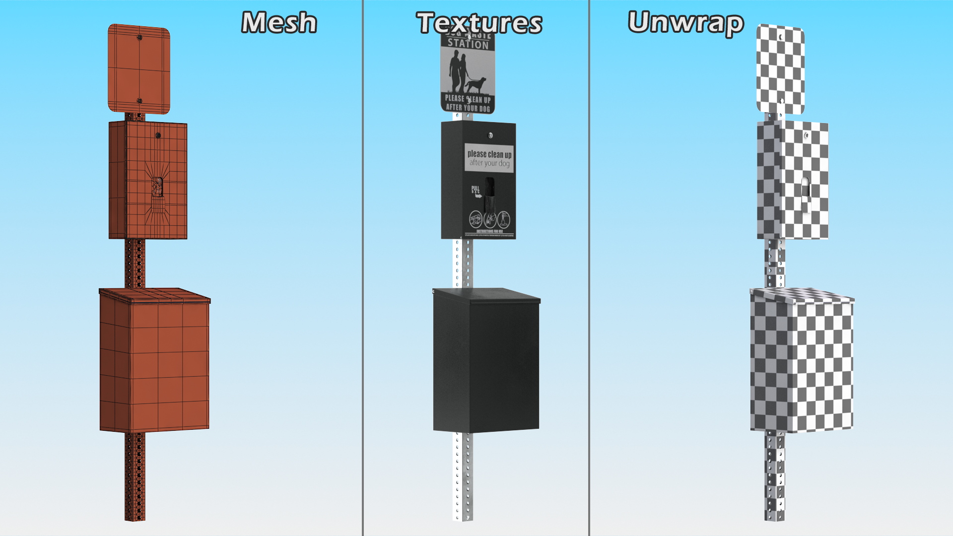 Dog Waste Station with Square Bin Black 3D model