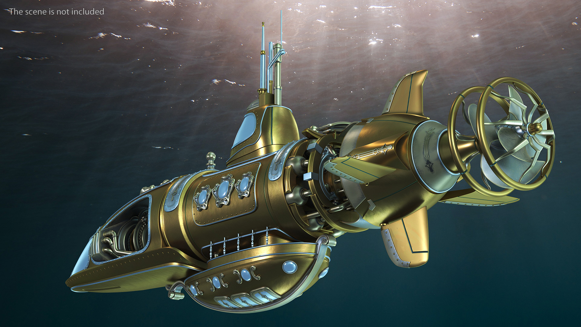 3D Fantastic Steampunk Submarine Bronze Rigged model