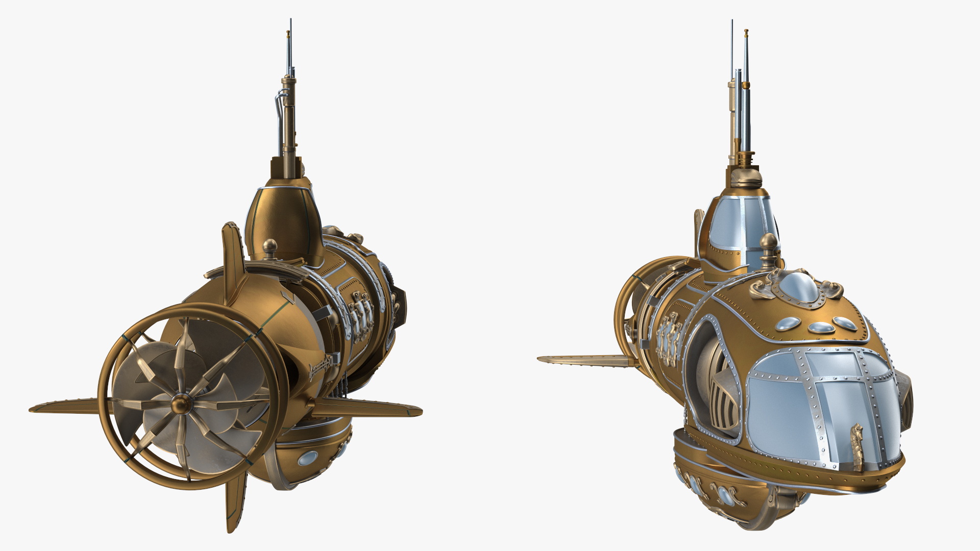 3D Fantastic Steampunk Submarine Bronze Rigged model