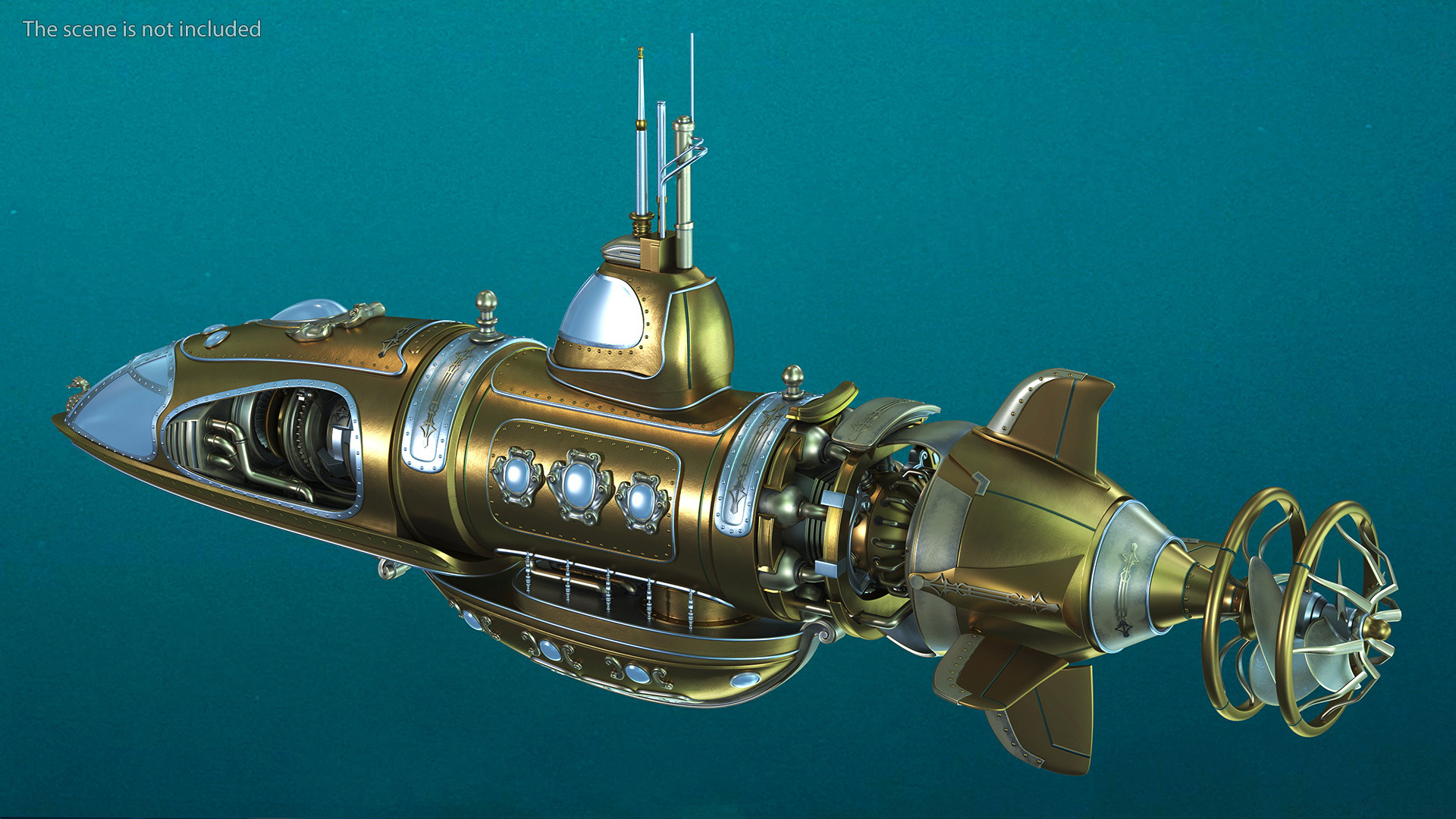 3D Fantastic Steampunk Submarine Bronze Rigged model