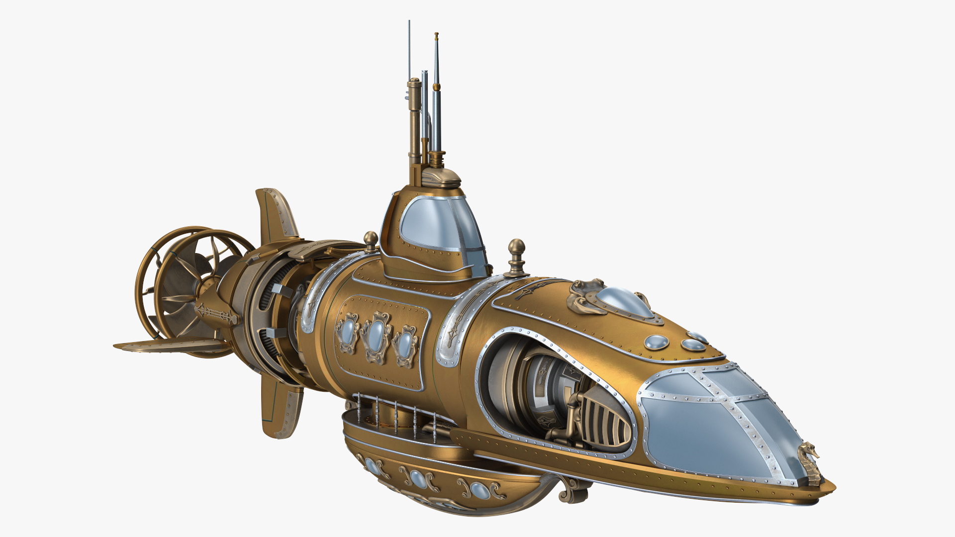 3D Fantastic Steampunk Submarine Bronze Rigged model