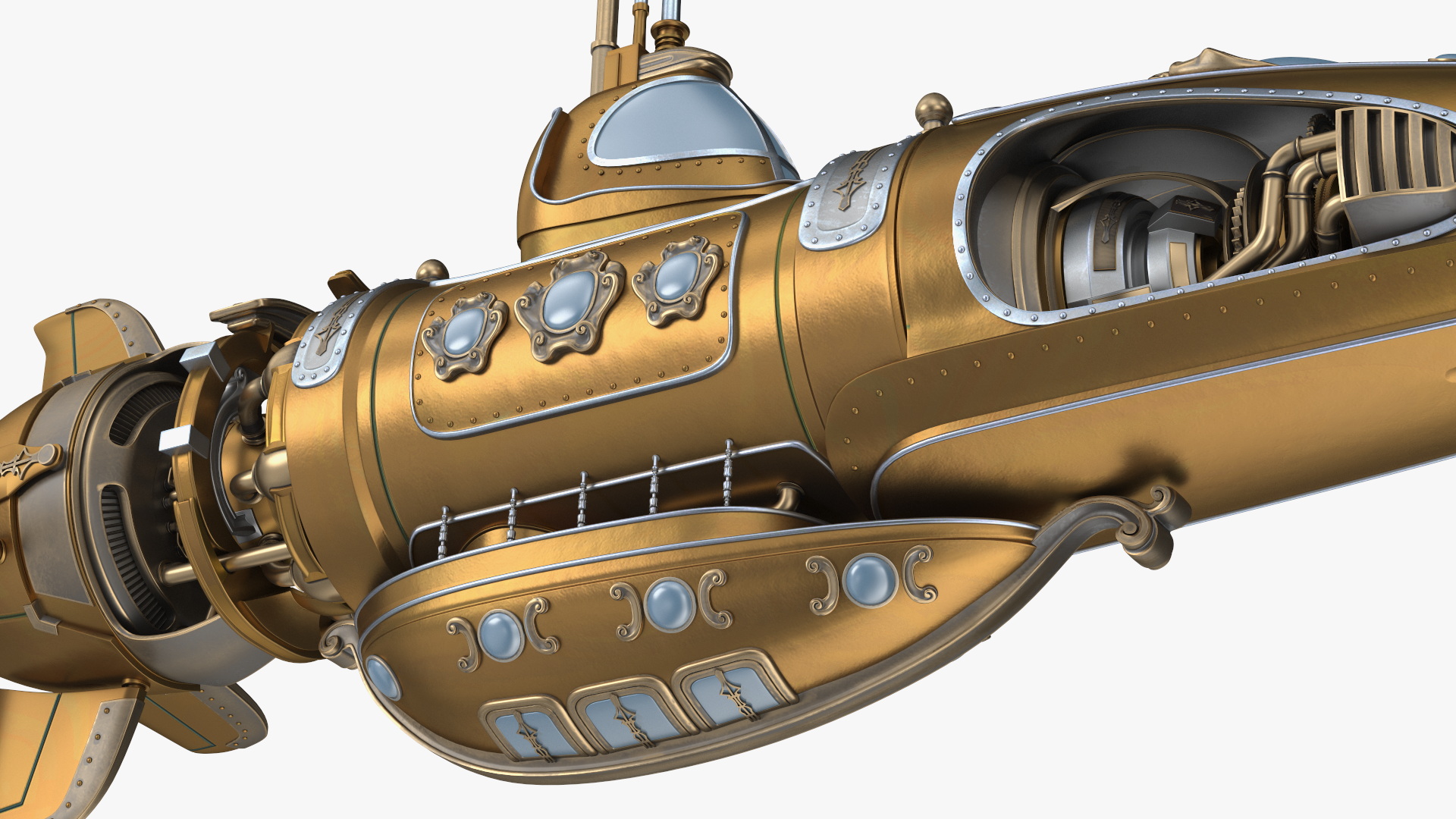 3D Fantastic Steampunk Submarine Bronze Rigged model