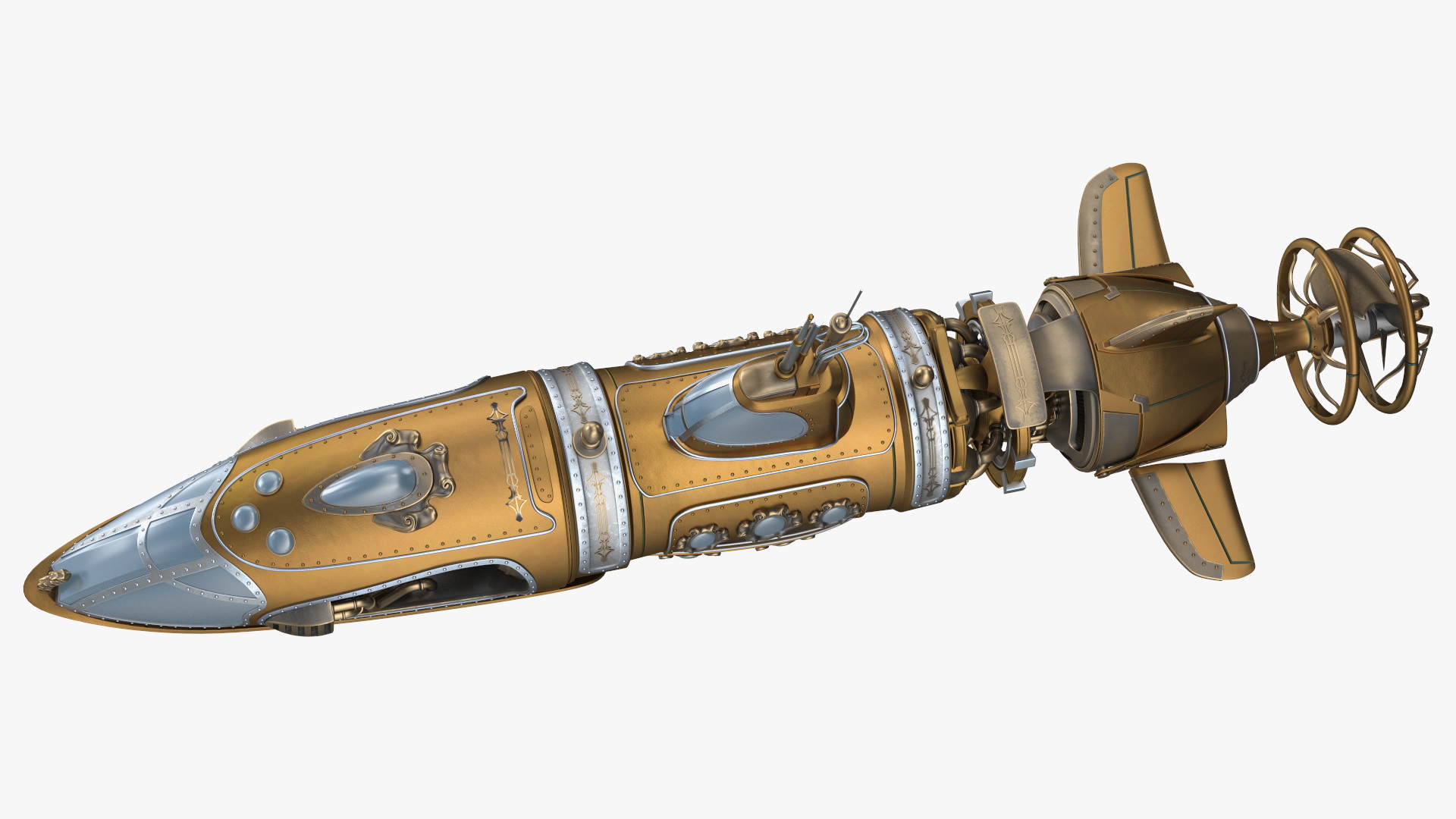 3D Fantastic Steampunk Submarine Bronze Rigged model
