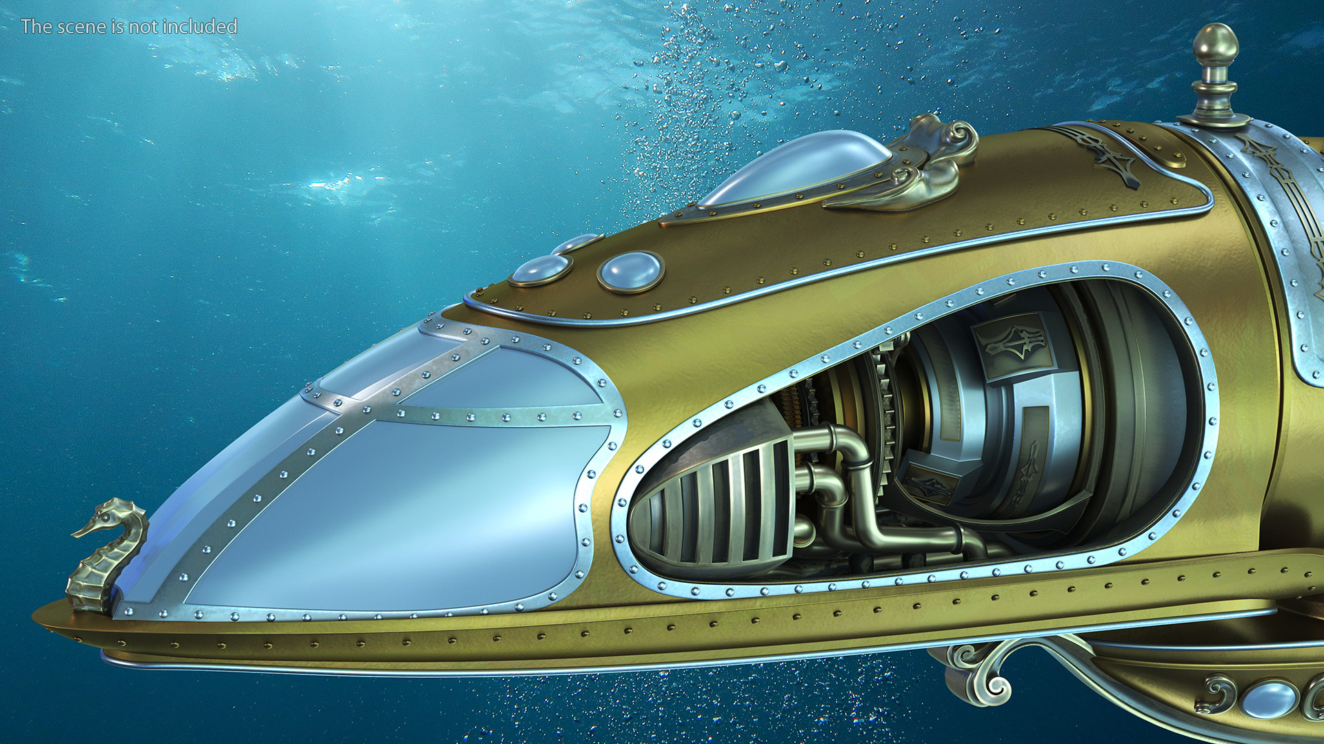 3D Fantastic Steampunk Submarine Bronze Rigged model