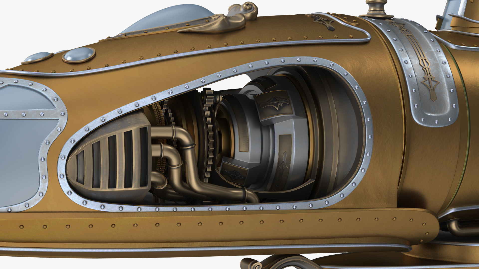 3D Fantastic Steampunk Submarine Bronze Rigged model