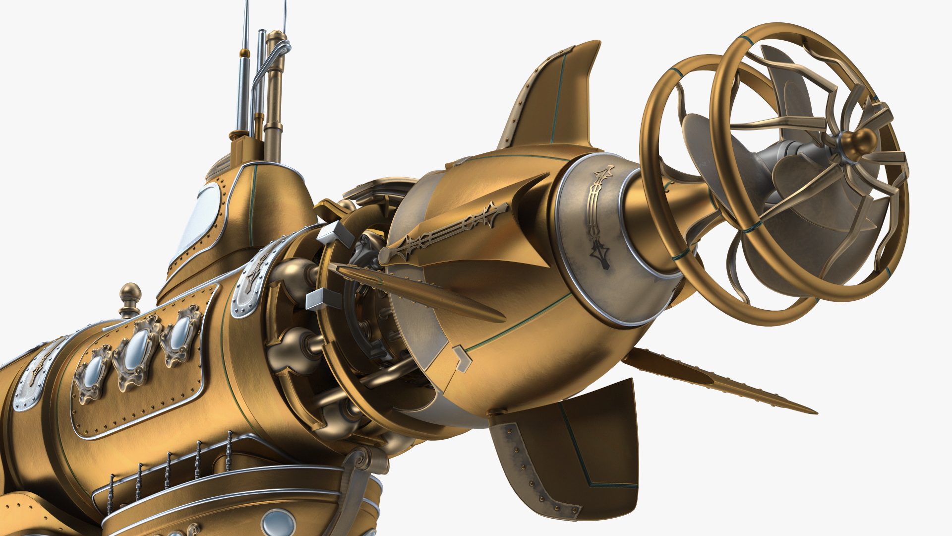 3D Fantastic Steampunk Submarine Bronze Rigged model