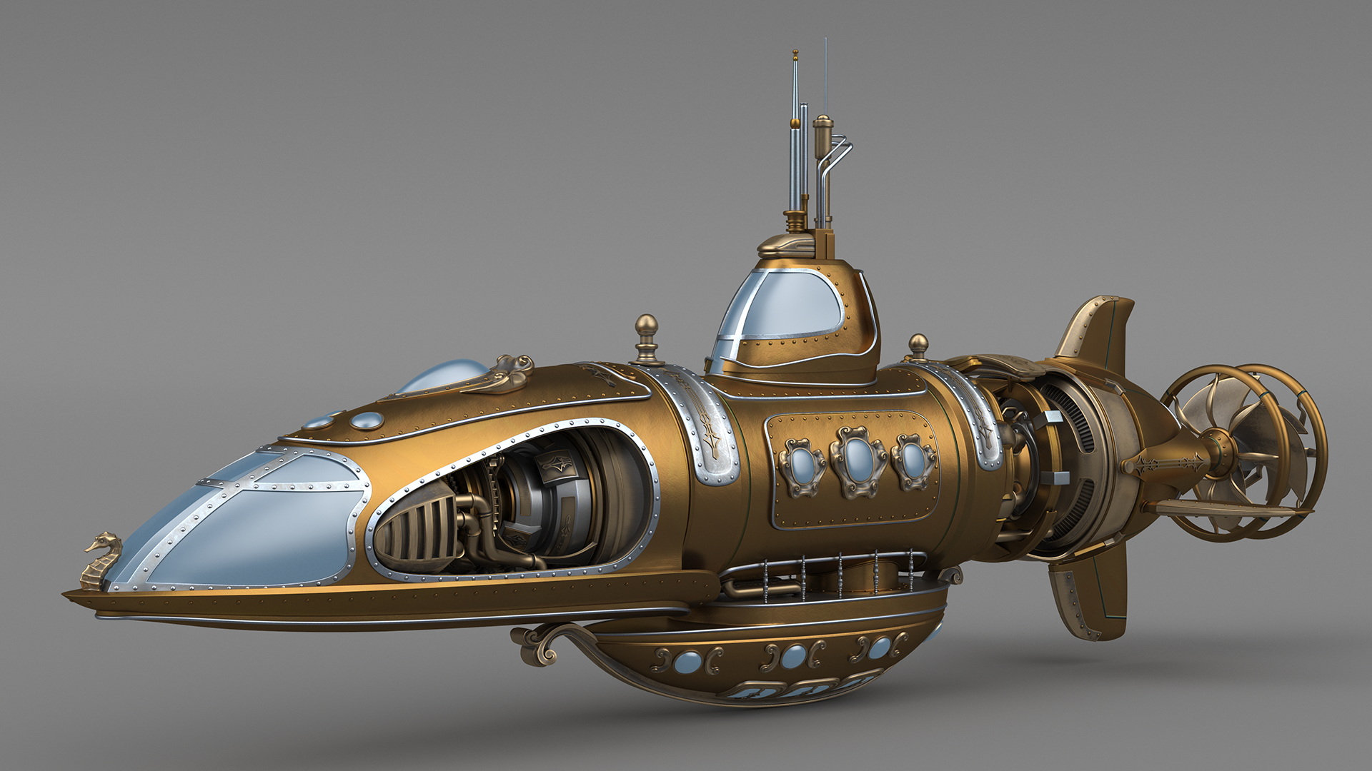 3D Fantastic Steampunk Submarine Bronze Rigged model