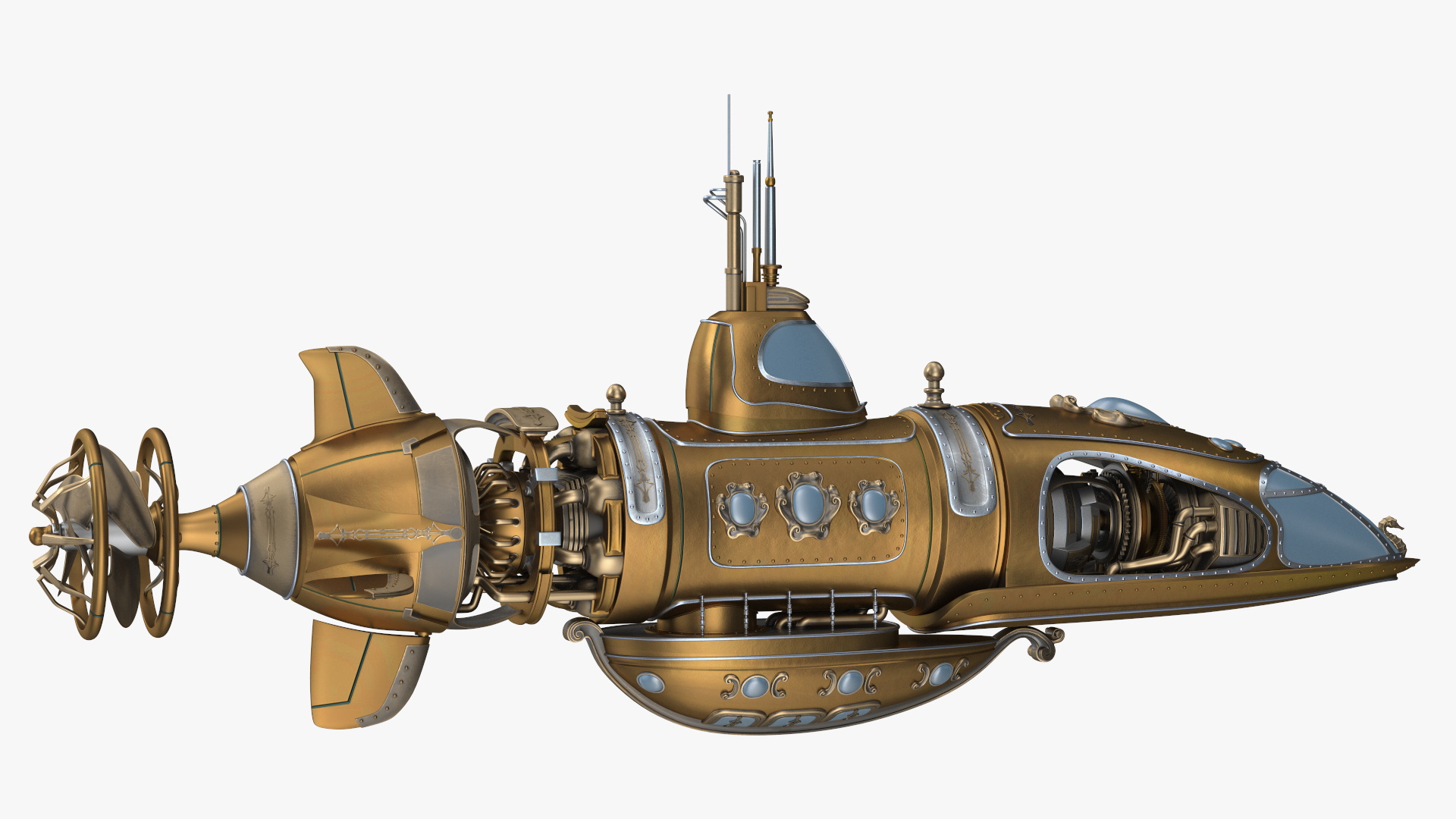3D Fantastic Steampunk Submarine Bronze Rigged model