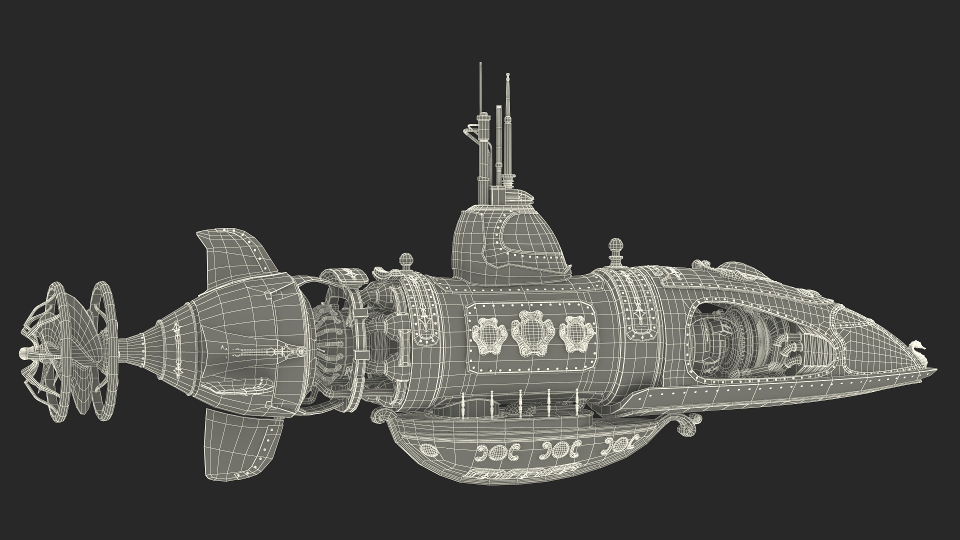 3D Fantastic Steampunk Submarine Bronze Rigged model