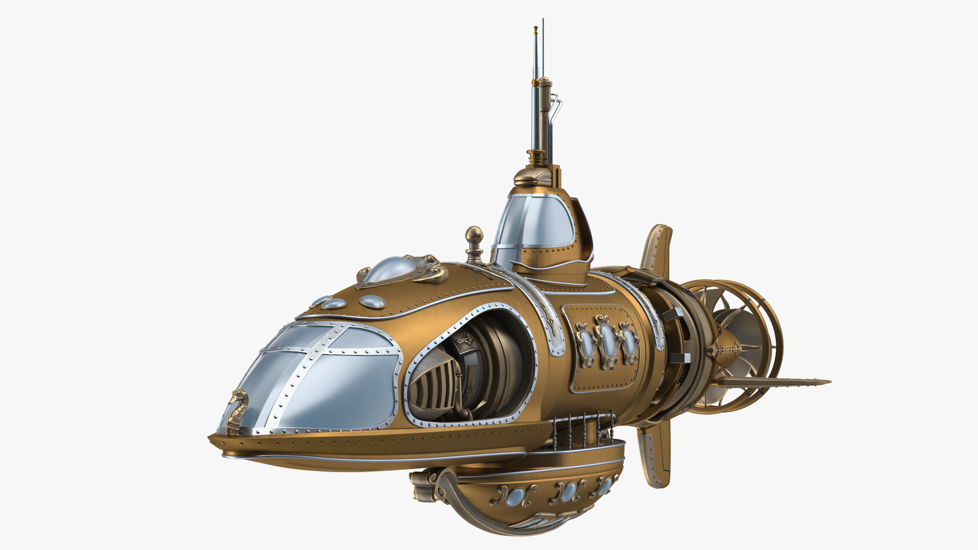 3D Fantastic Steampunk Submarine Bronze Rigged model