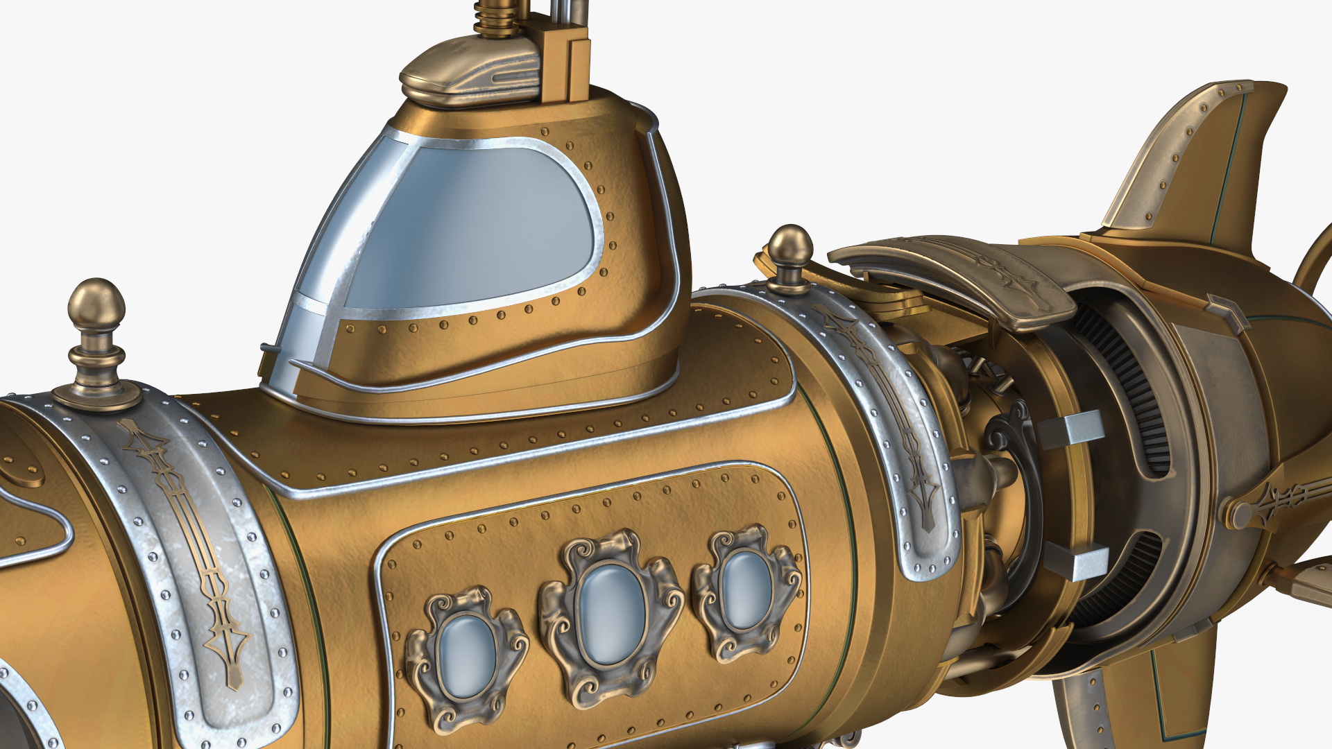 3D Fantastic Steampunk Submarine Bronze Rigged model