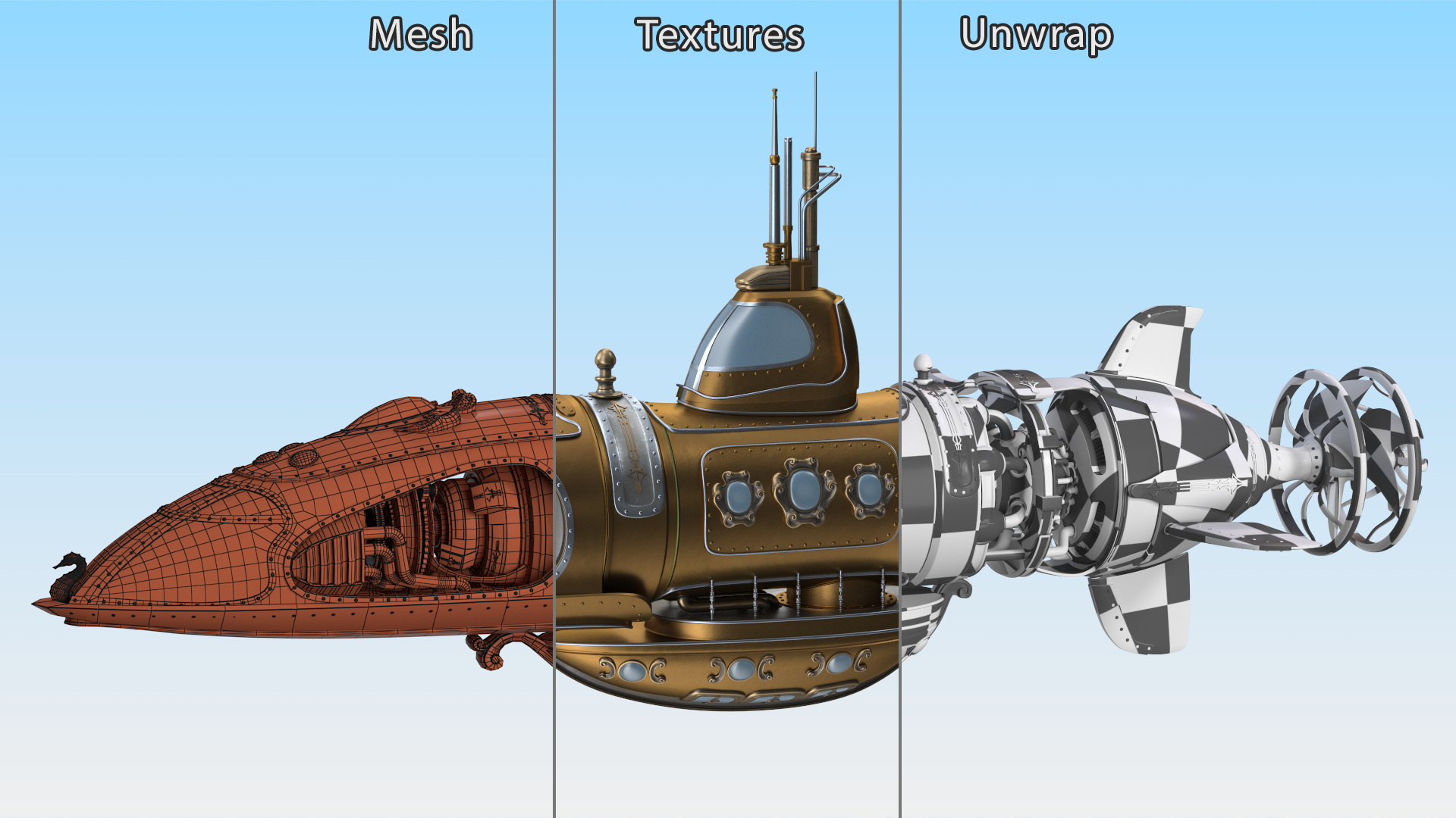 3D Fantastic Steampunk Submarine Bronze Rigged model