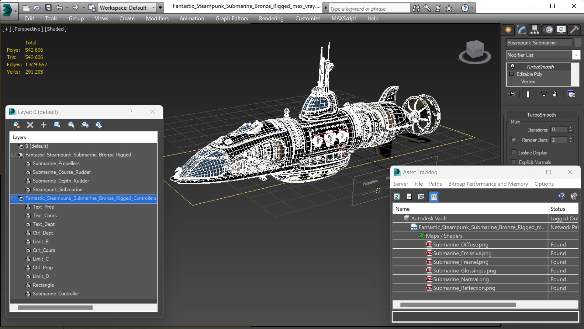 3D Fantastic Steampunk Submarine Bronze Rigged model