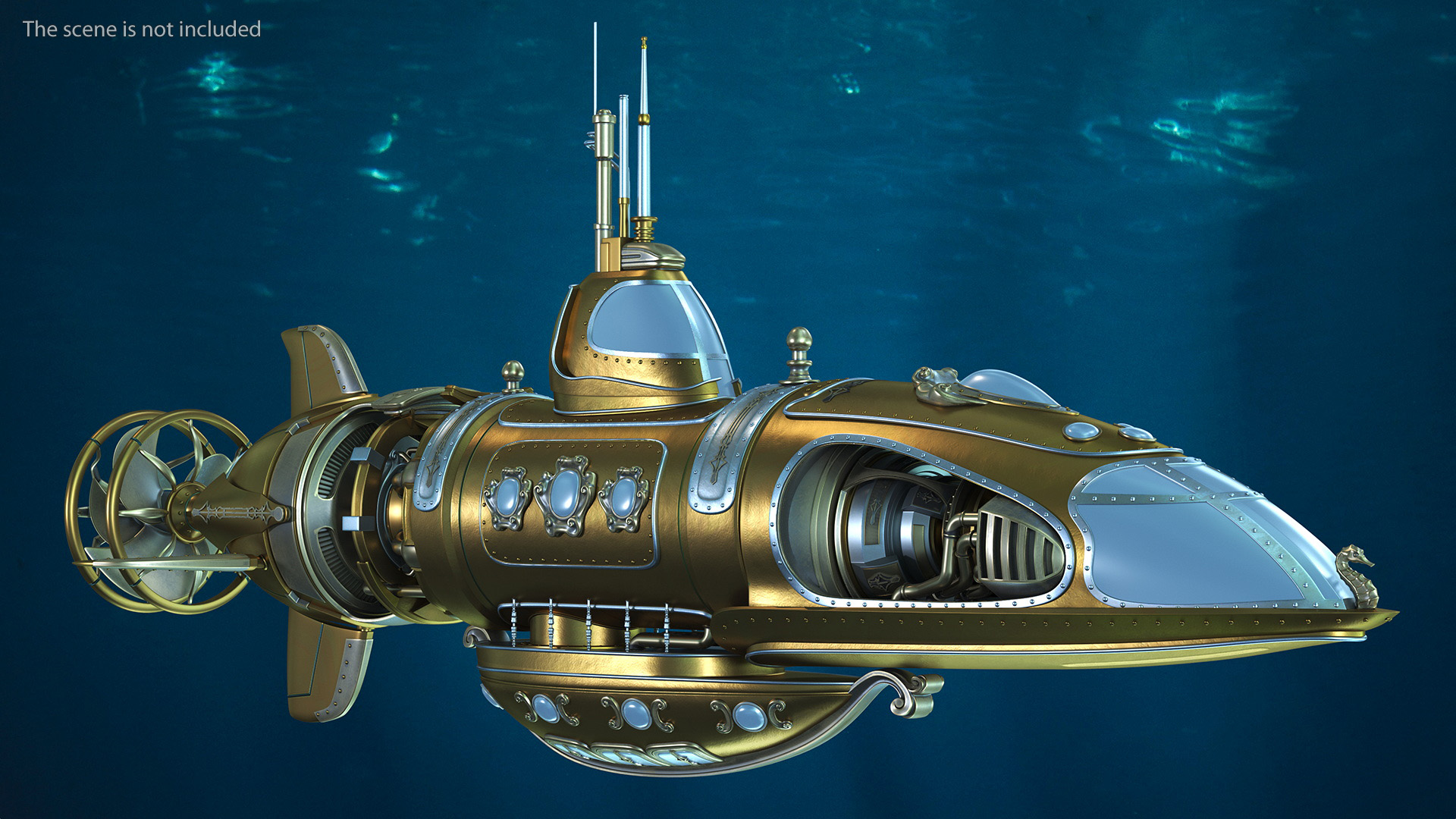 3D Fantastic Steampunk Submarine Bronze Rigged model