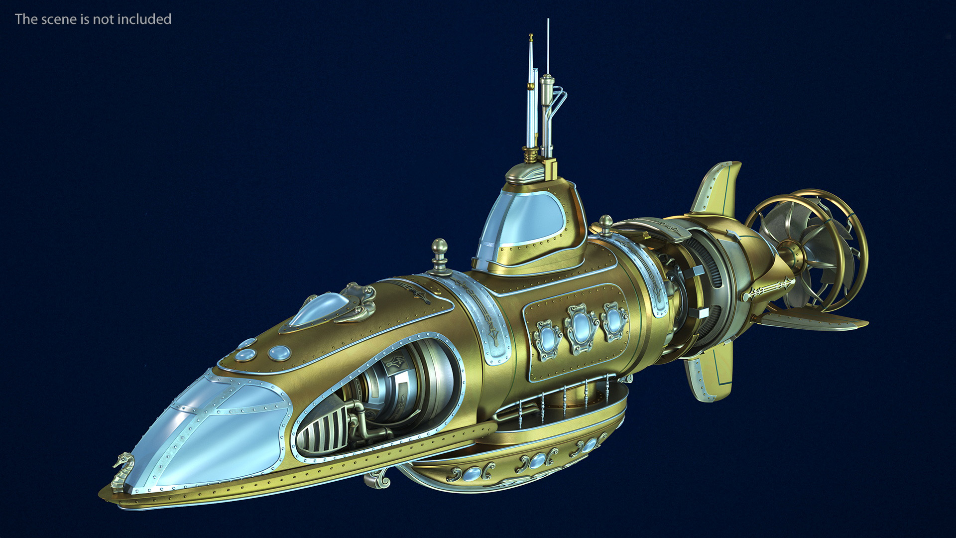3D Fantastic Steampunk Submarine Bronze Rigged model