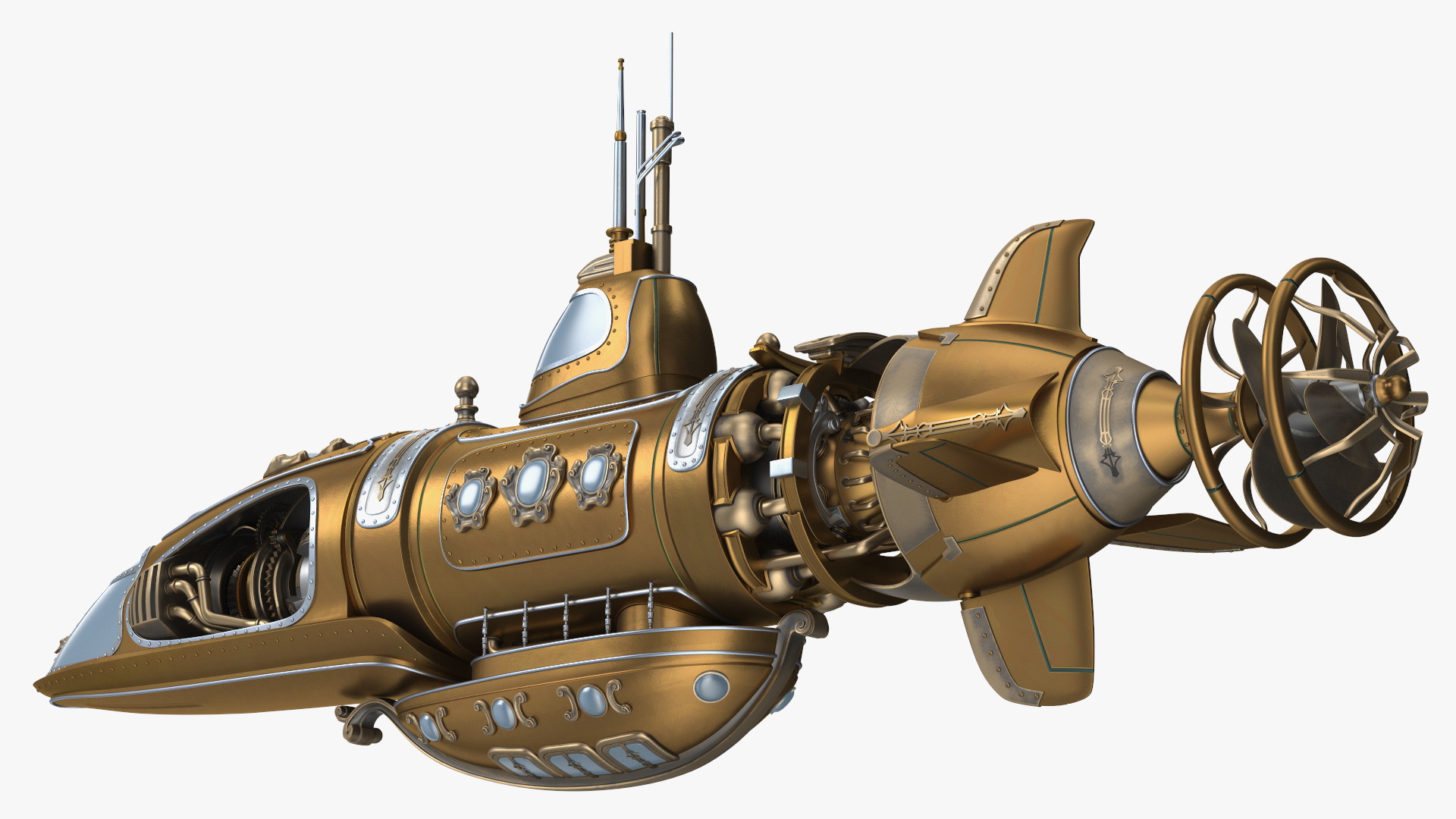 3D Fantastic Steampunk Submarine Bronze Rigged model