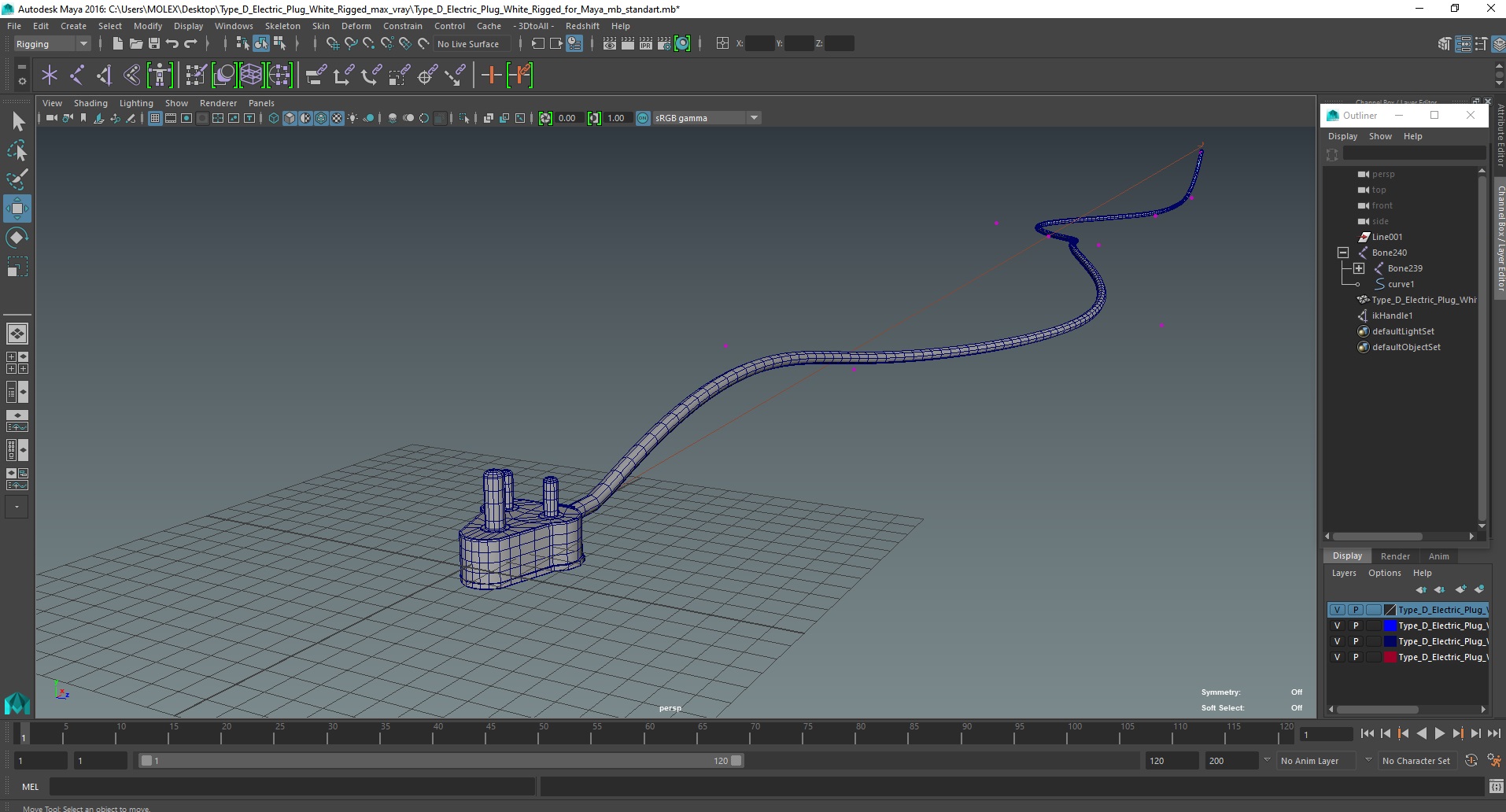 Type D Electric Plug White Rigged for Maya 3D