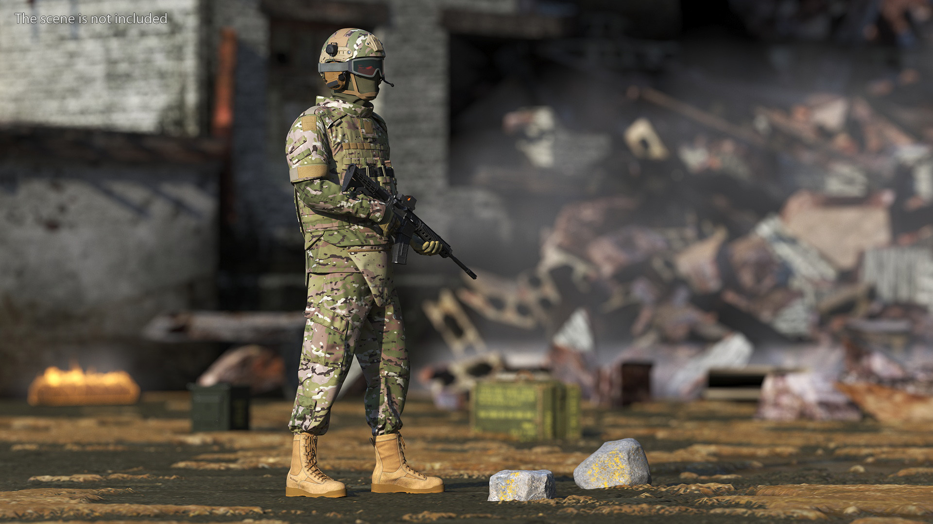 Soldier in Green Tactical Gear with Goggles Standing 3D