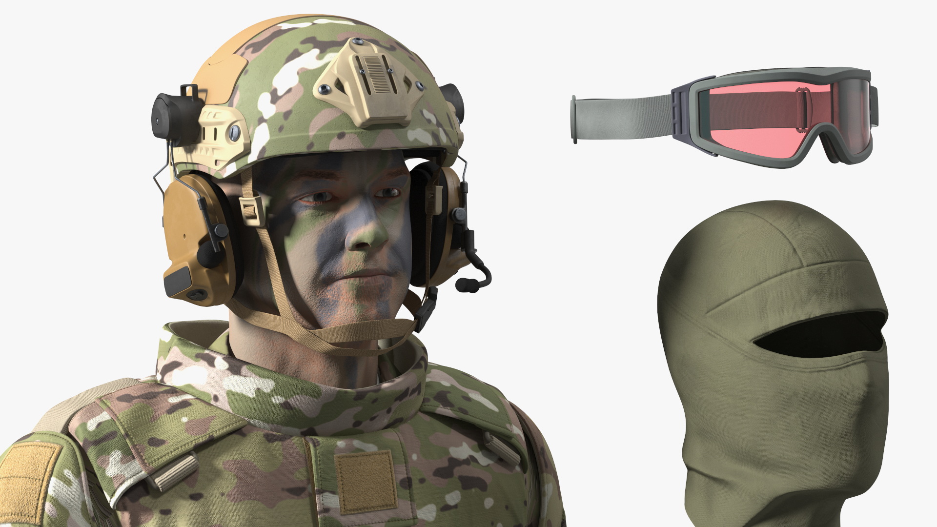 Soldier in Green Tactical Gear with Goggles Standing 3D