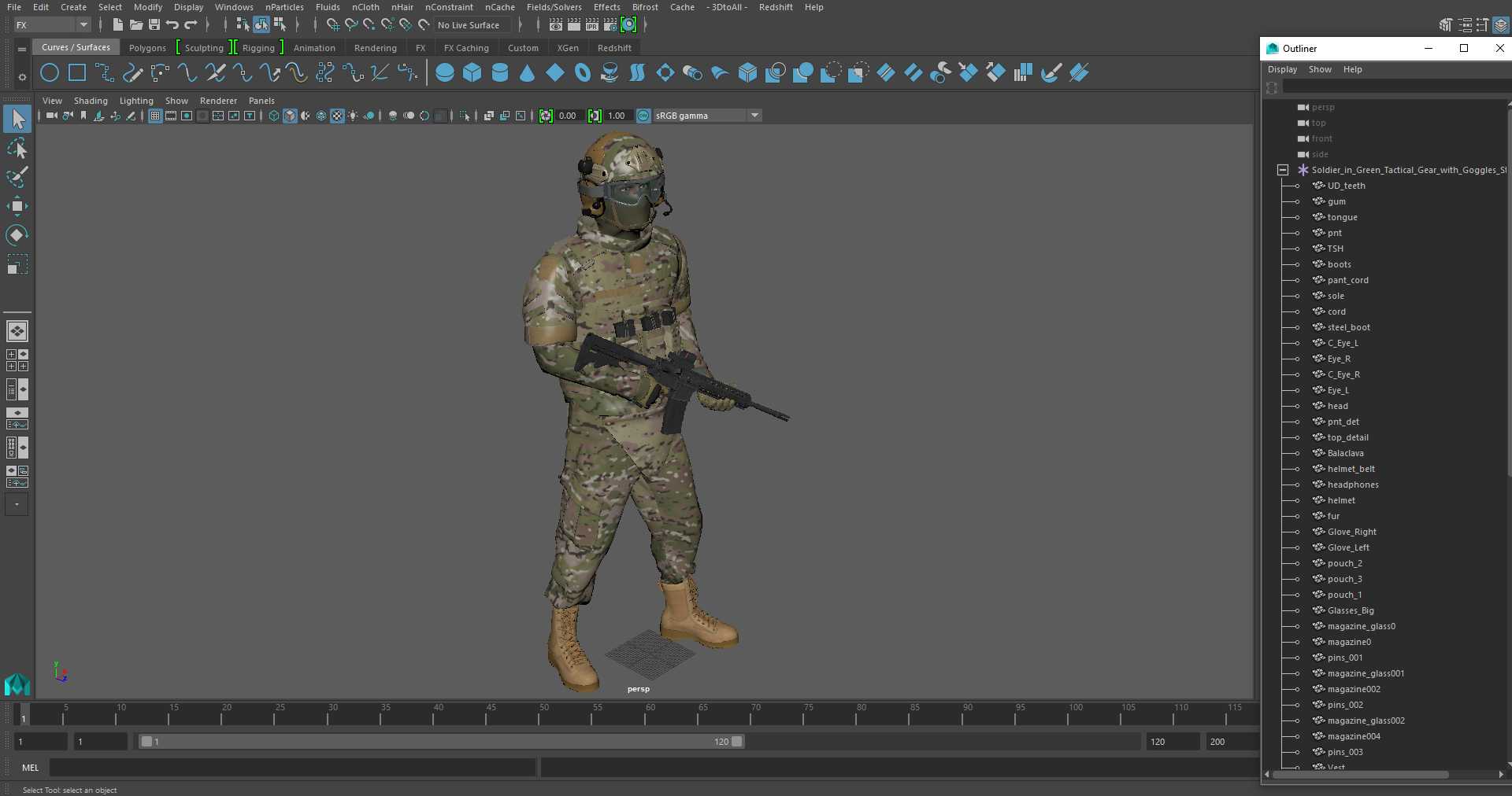 Soldier in Green Tactical Gear with Goggles Standing 3D