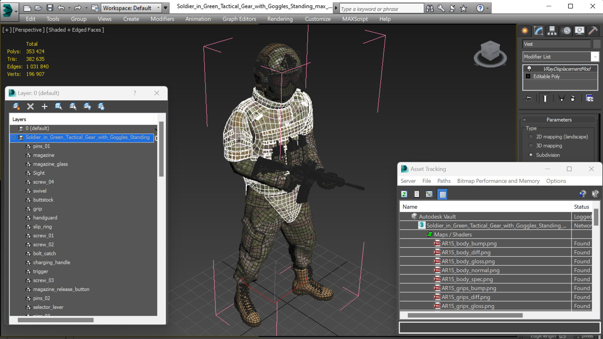 Soldier in Green Tactical Gear with Goggles Standing 3D