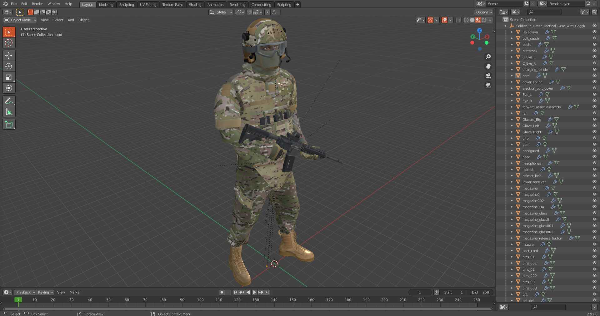 Soldier in Green Tactical Gear with Goggles Standing 3D