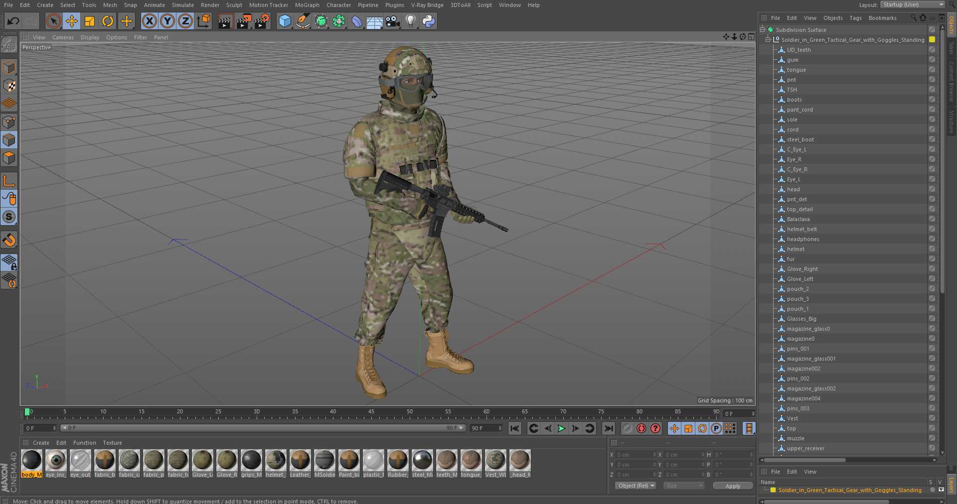 Soldier in Green Tactical Gear with Goggles Standing 3D