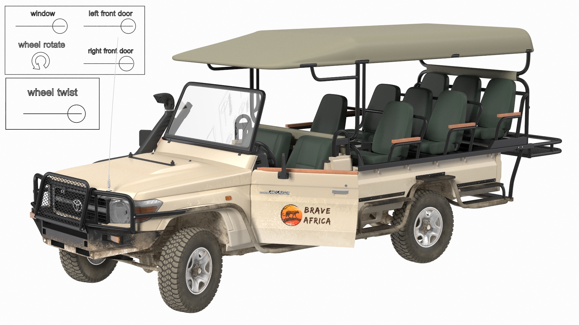 3D Toyota Land Cruiser Safari Open Sided Beige Dirty Rigged