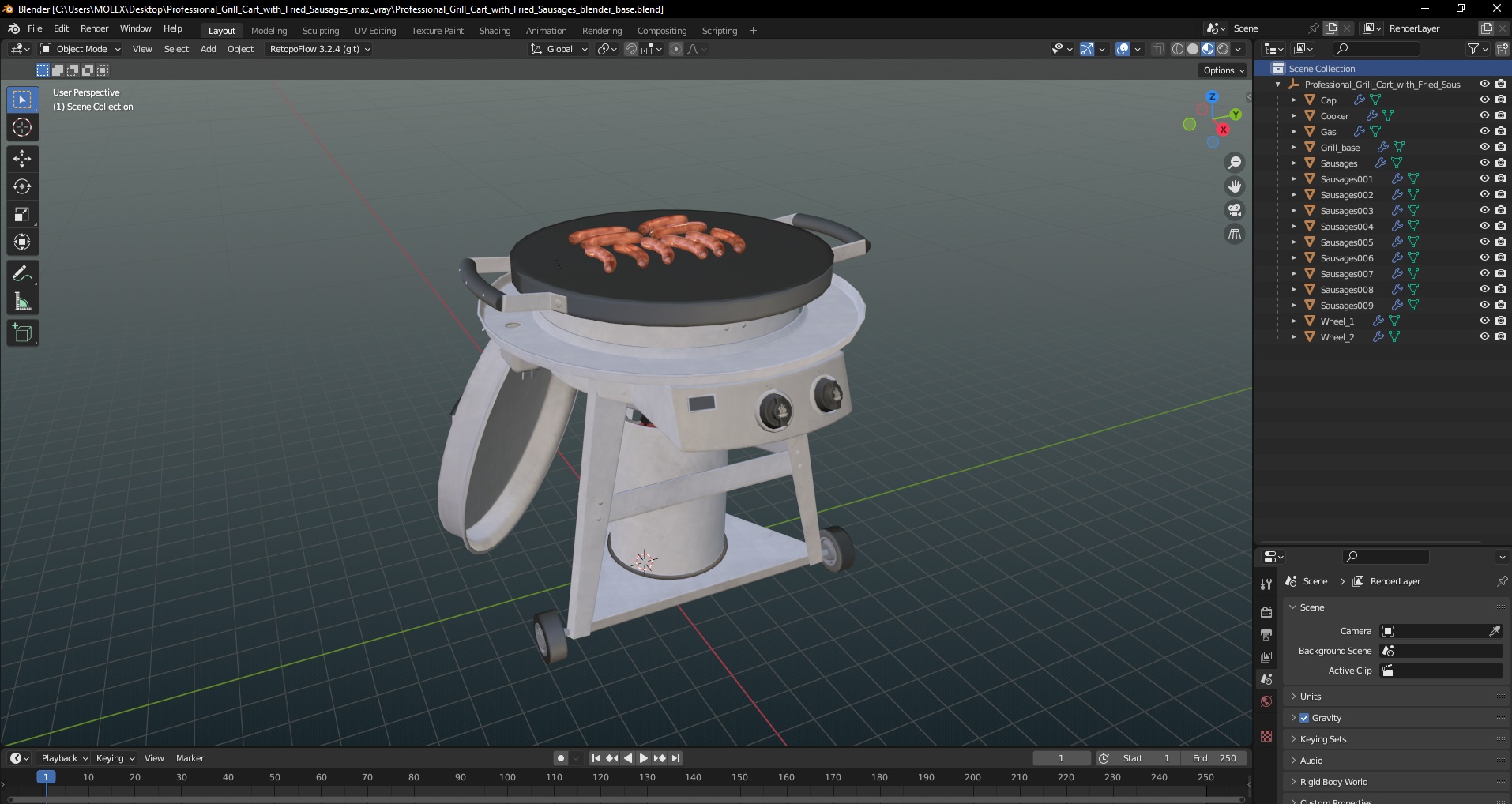 3D Professional Grill Cart with Fried Sausages model