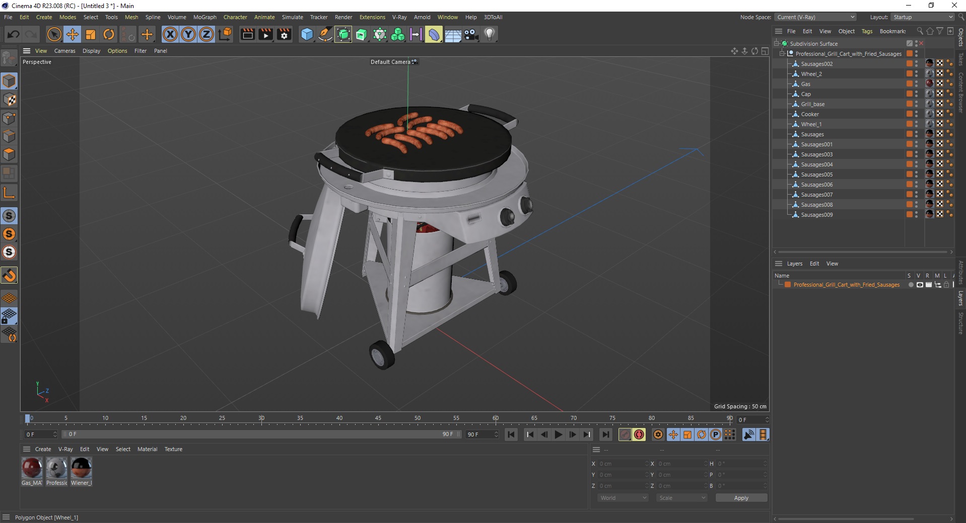3D Professional Grill Cart with Fried Sausages model