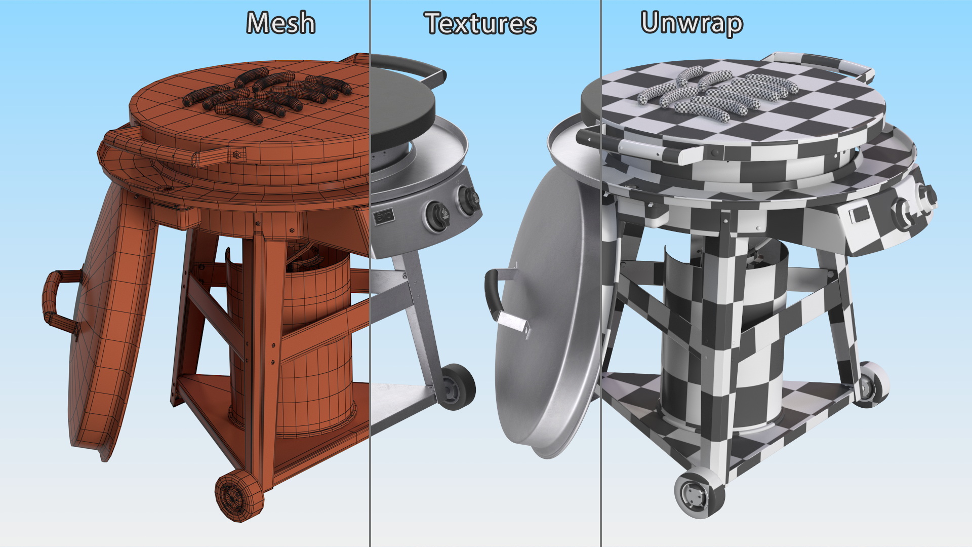 3D Professional Grill Cart with Fried Sausages model