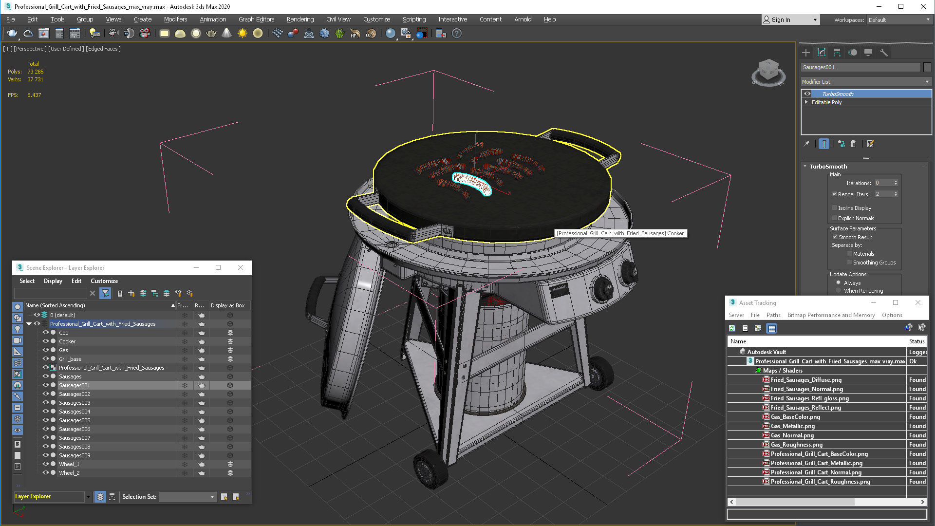3D Professional Grill Cart with Fried Sausages model