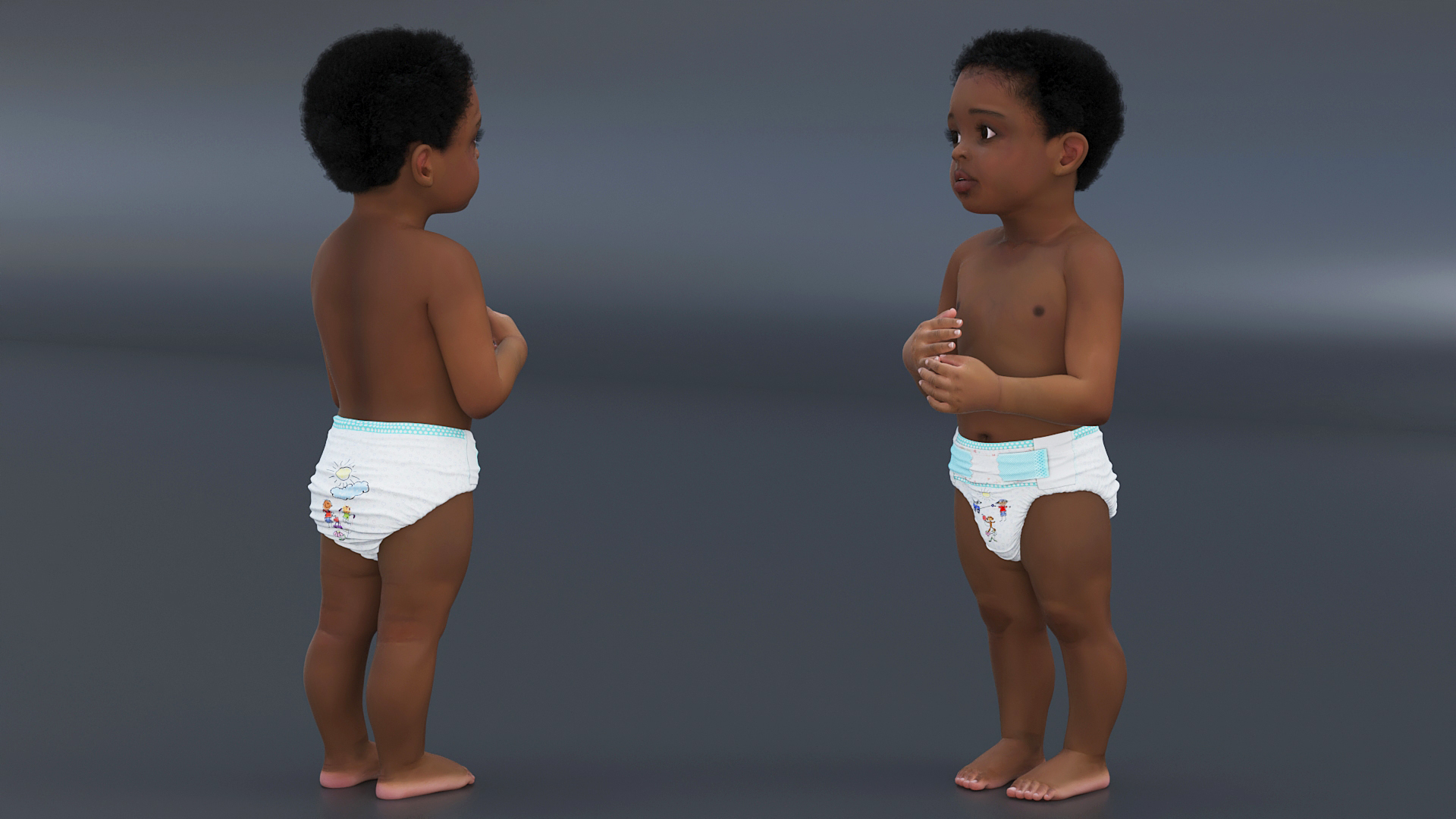 Little Black Boy Light Skin in Diaper Rigged 3D model