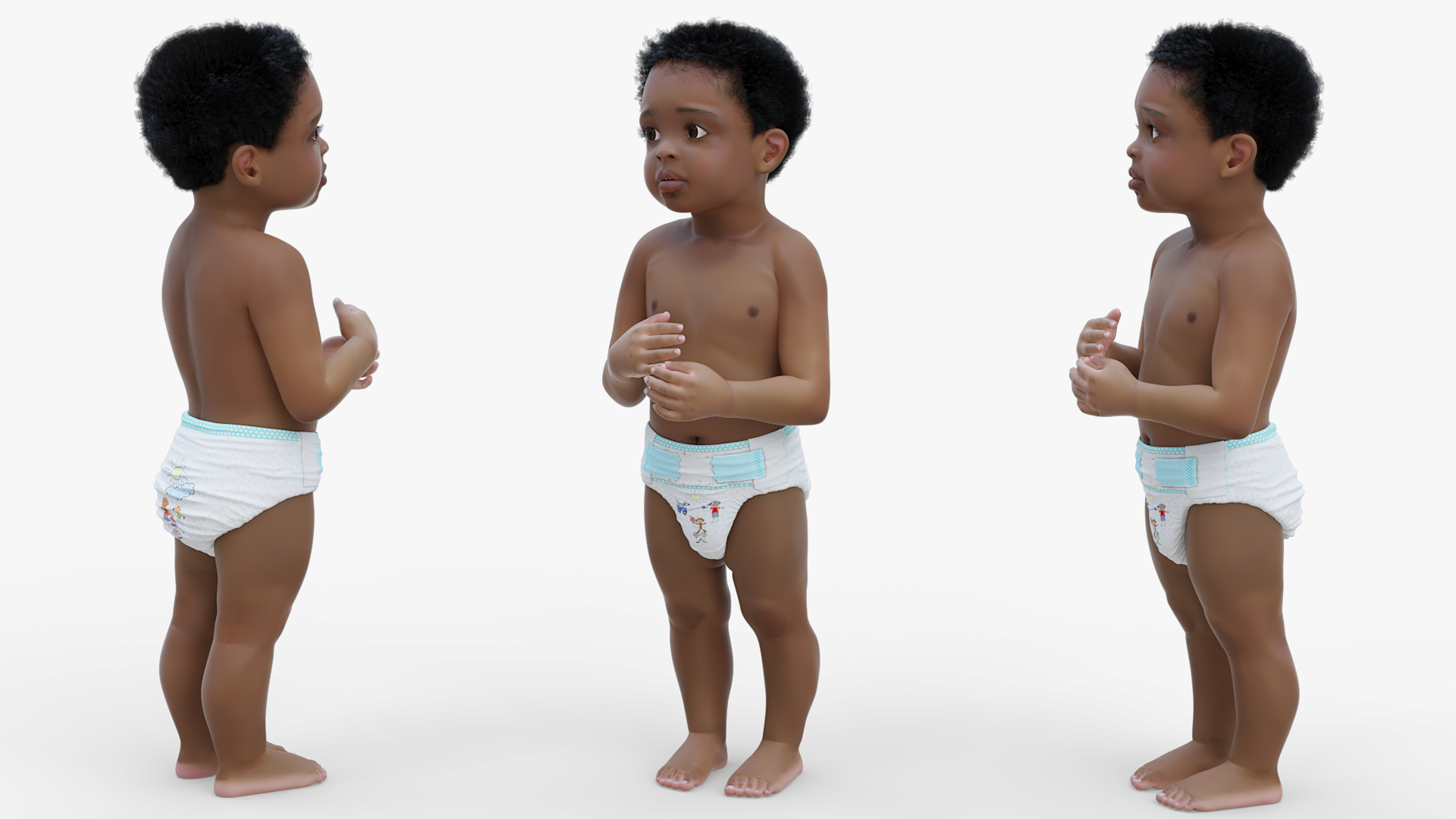 Little Black Boy Light Skin in Diaper Rigged 3D model