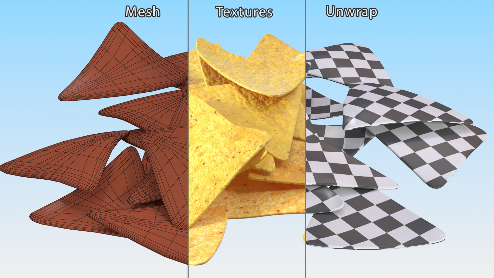 3D Group of Corn Chips Nachos