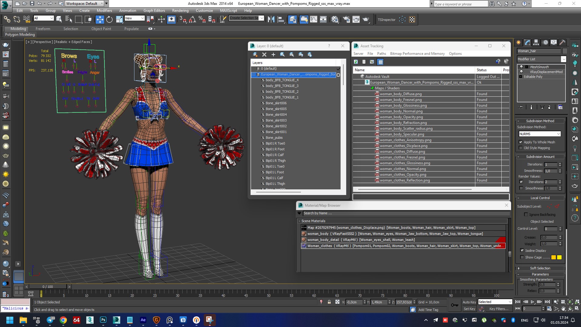 3D model European Woman Dancer with Pompoms Rigged for Cinema 4D