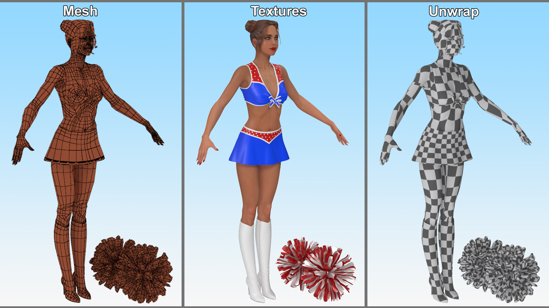 3D model European Woman Dancer with Pompoms Rigged for Cinema 4D