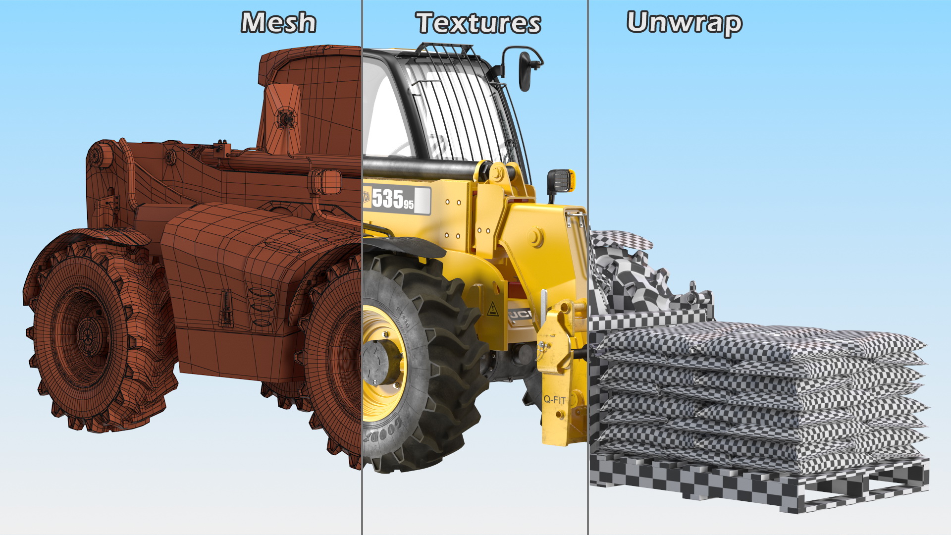 3D Telescopic Loader With Pallet of Cement Bags Rigged