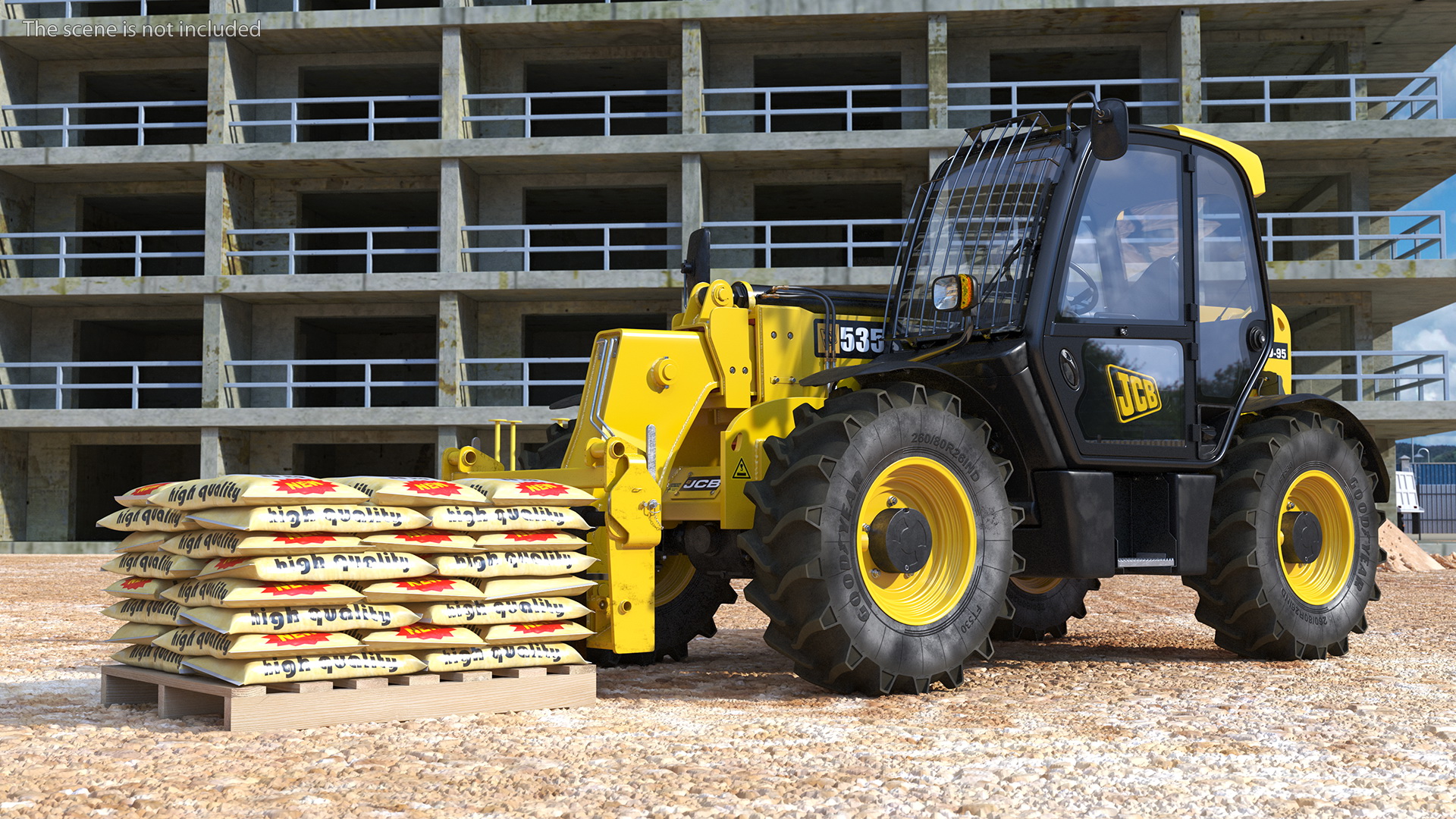 3D Telescopic Loader With Pallet of Cement Bags Rigged