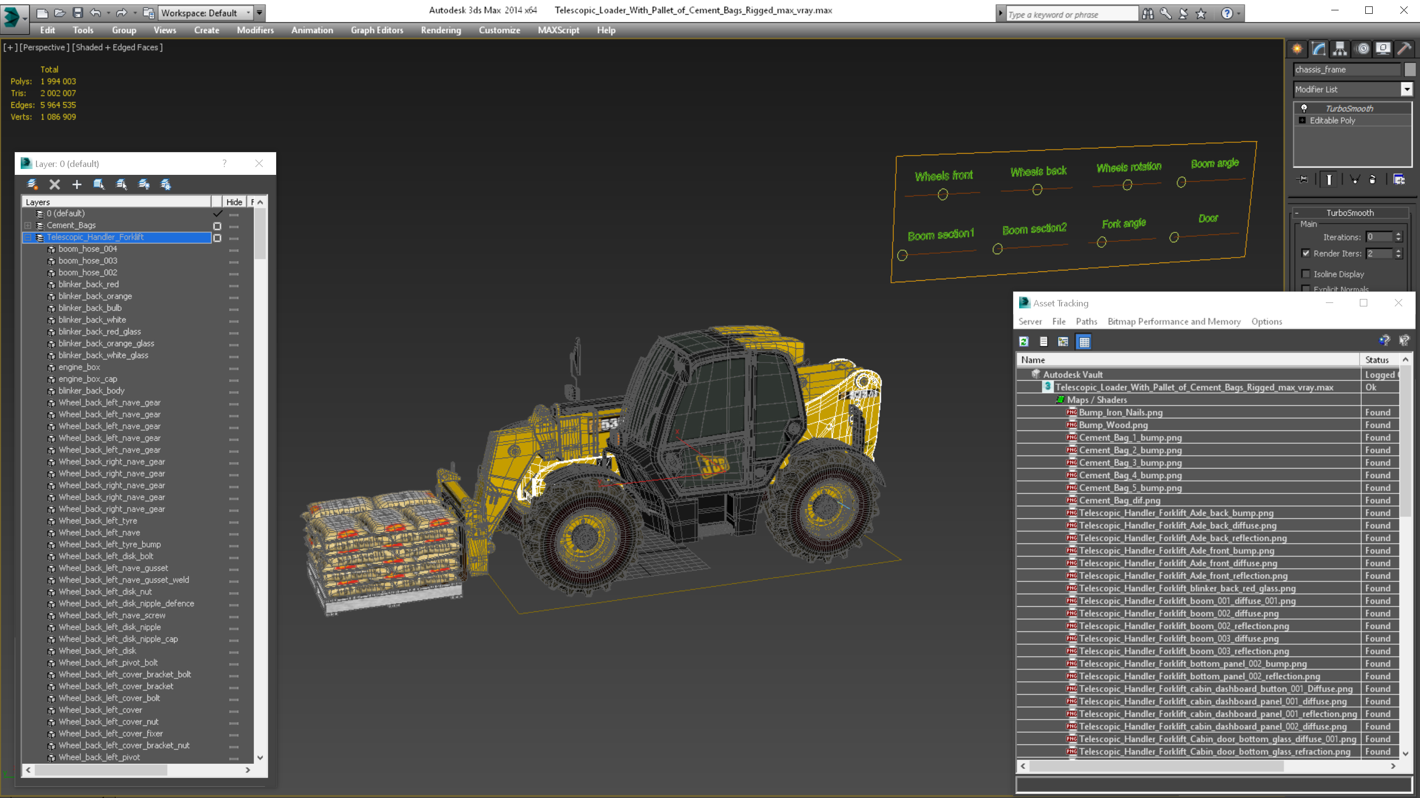 3D Telescopic Loader With Pallet of Cement Bags Rigged