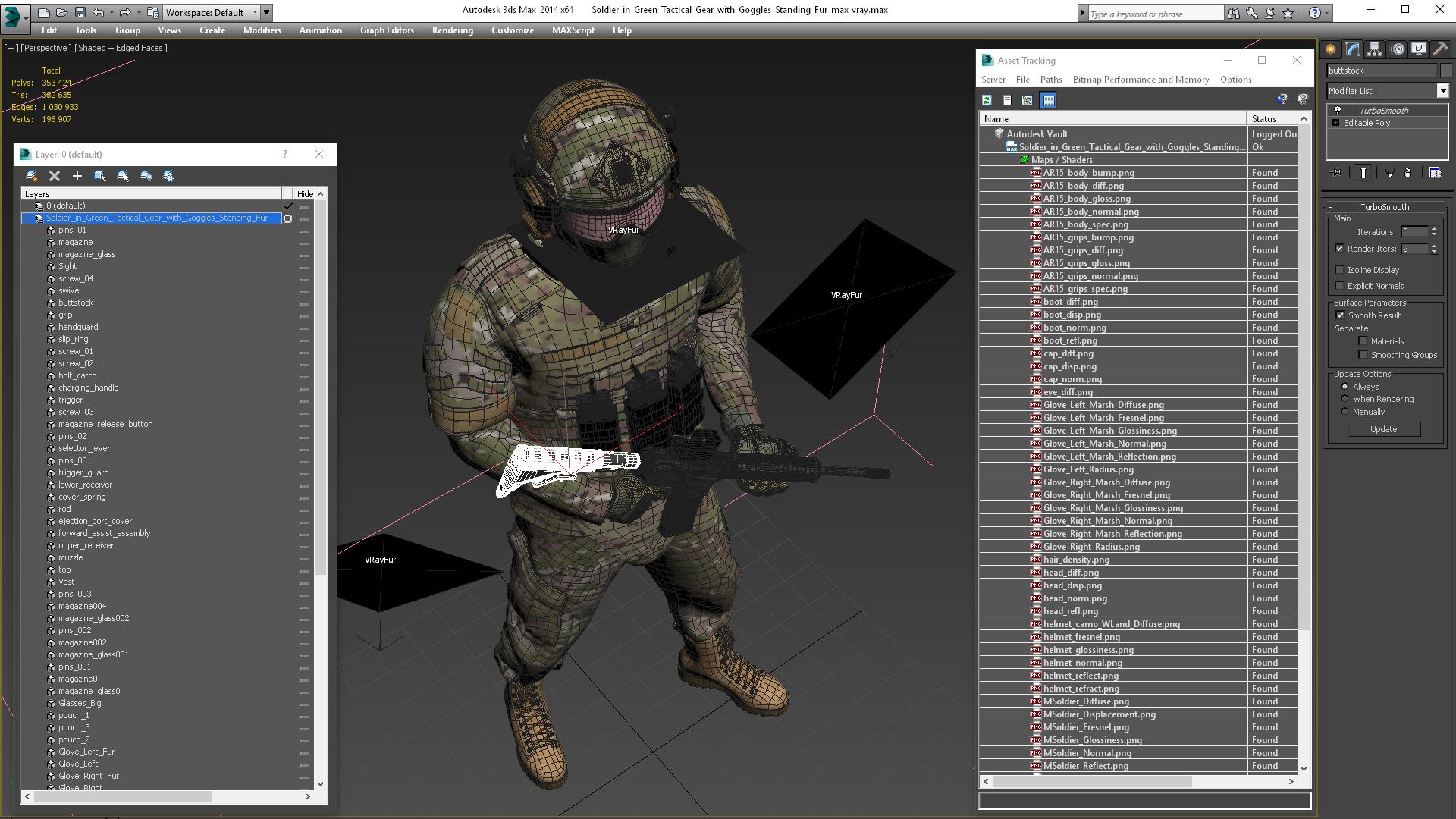 3D Soldier in Green Tactical Gear with Goggles Standing Fur