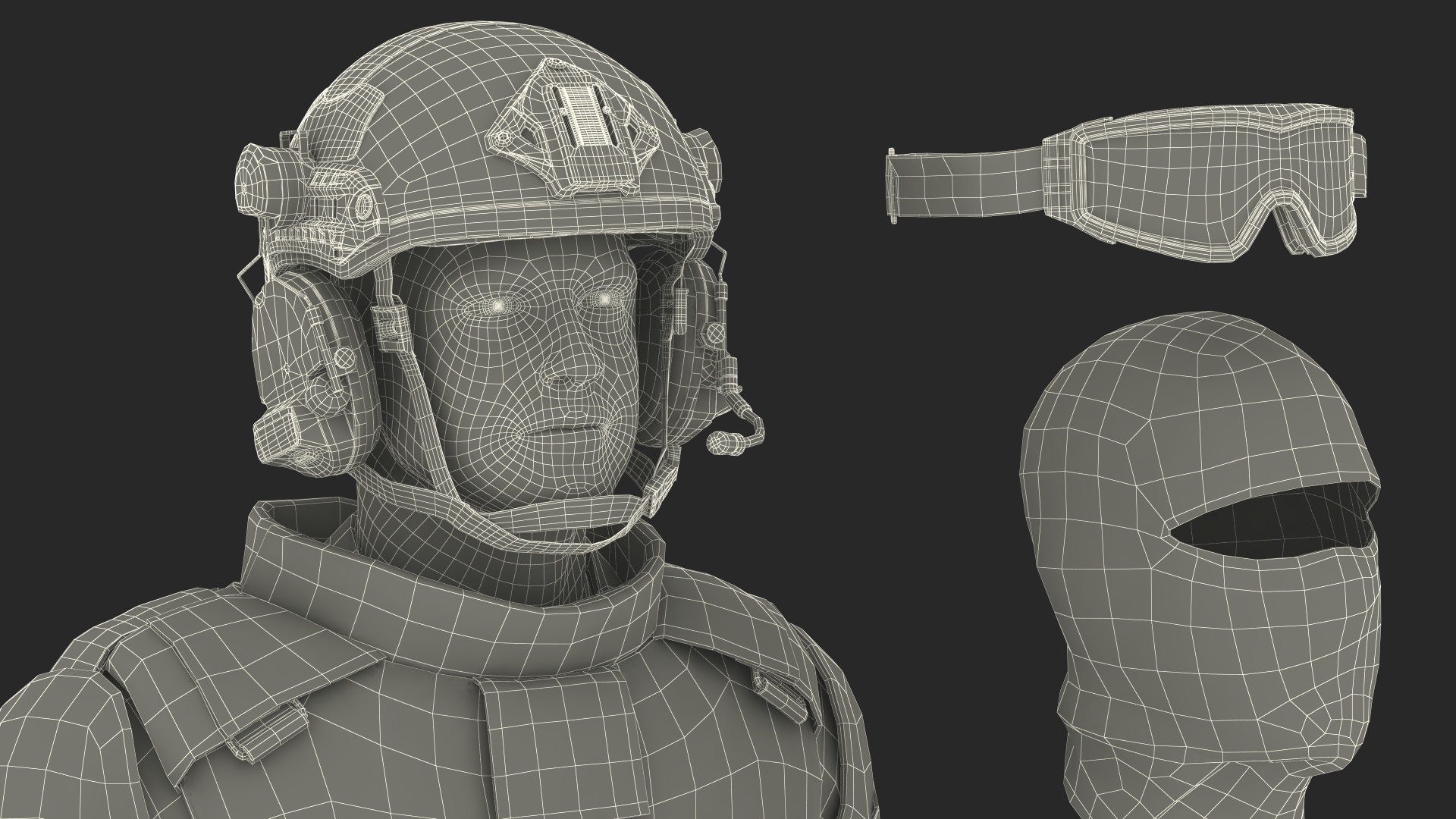 3D Soldier in Green Tactical Gear with Goggles Standing Fur
