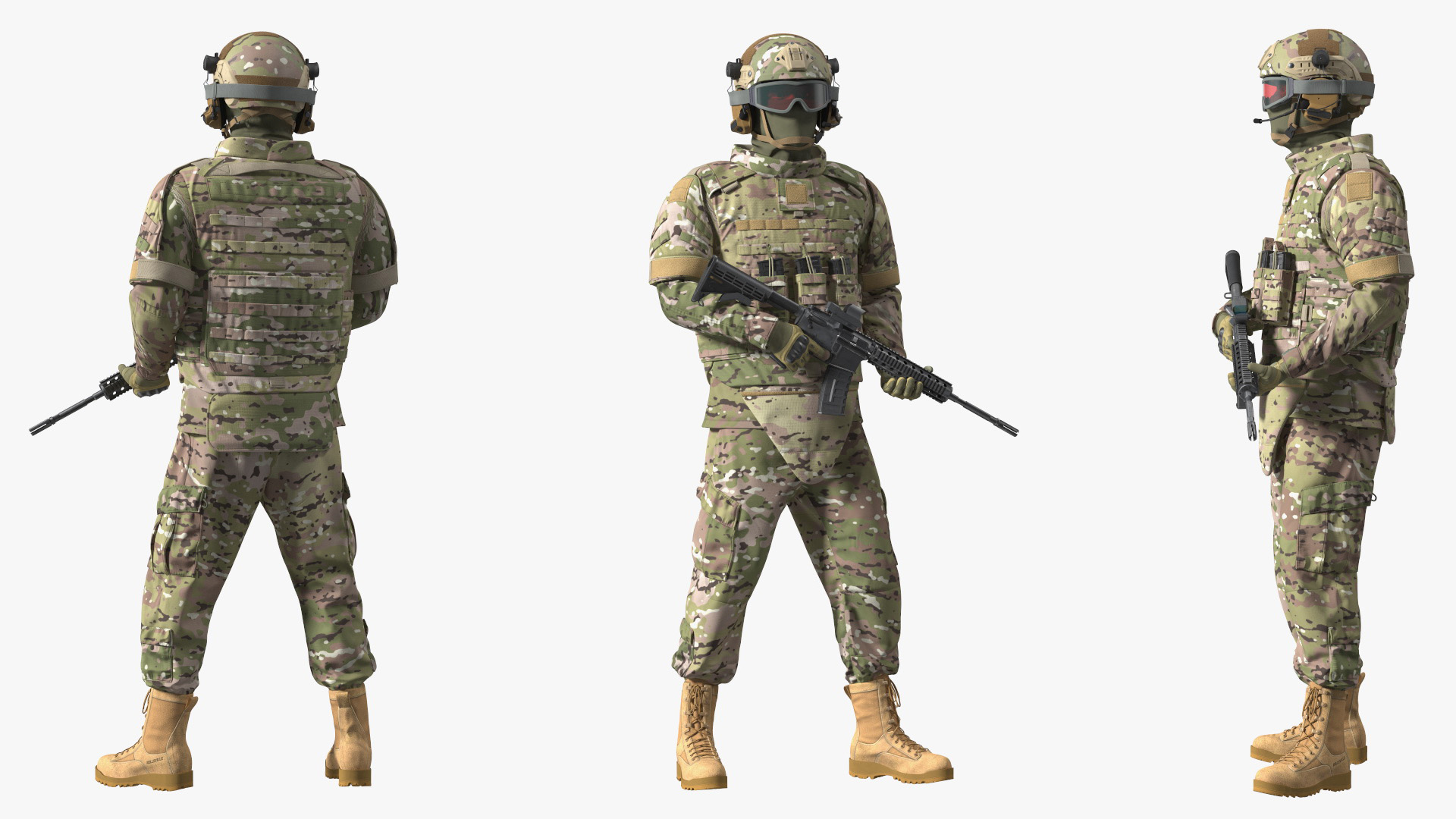 3D Soldier in Green Tactical Gear with Goggles Standing Fur